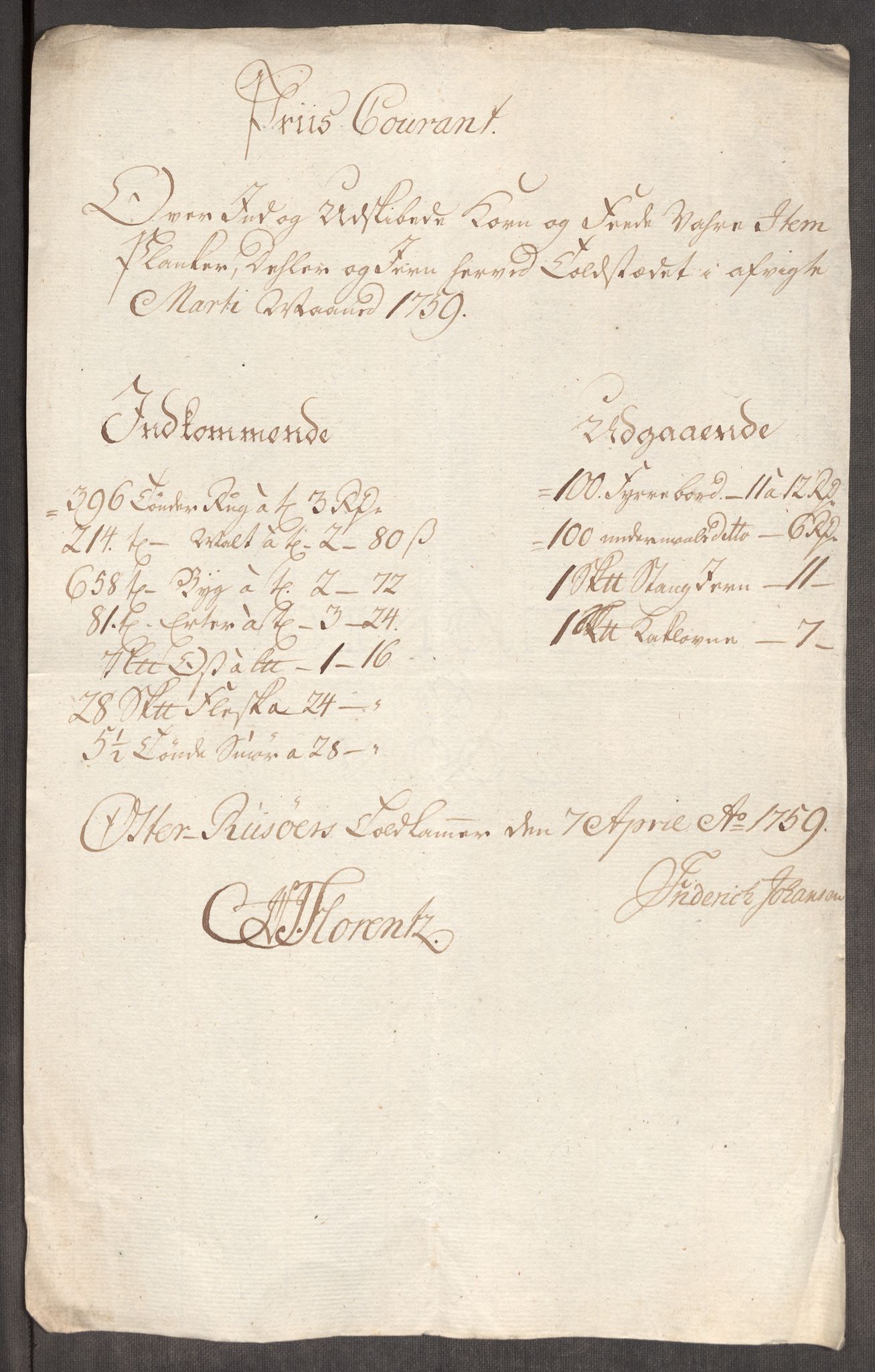 Rentekammeret inntil 1814, Realistisk ordnet avdeling, AV/RA-EA-4070/Oe/L0006: [Ø1]: Priskuranter, 1758-1760, p. 575