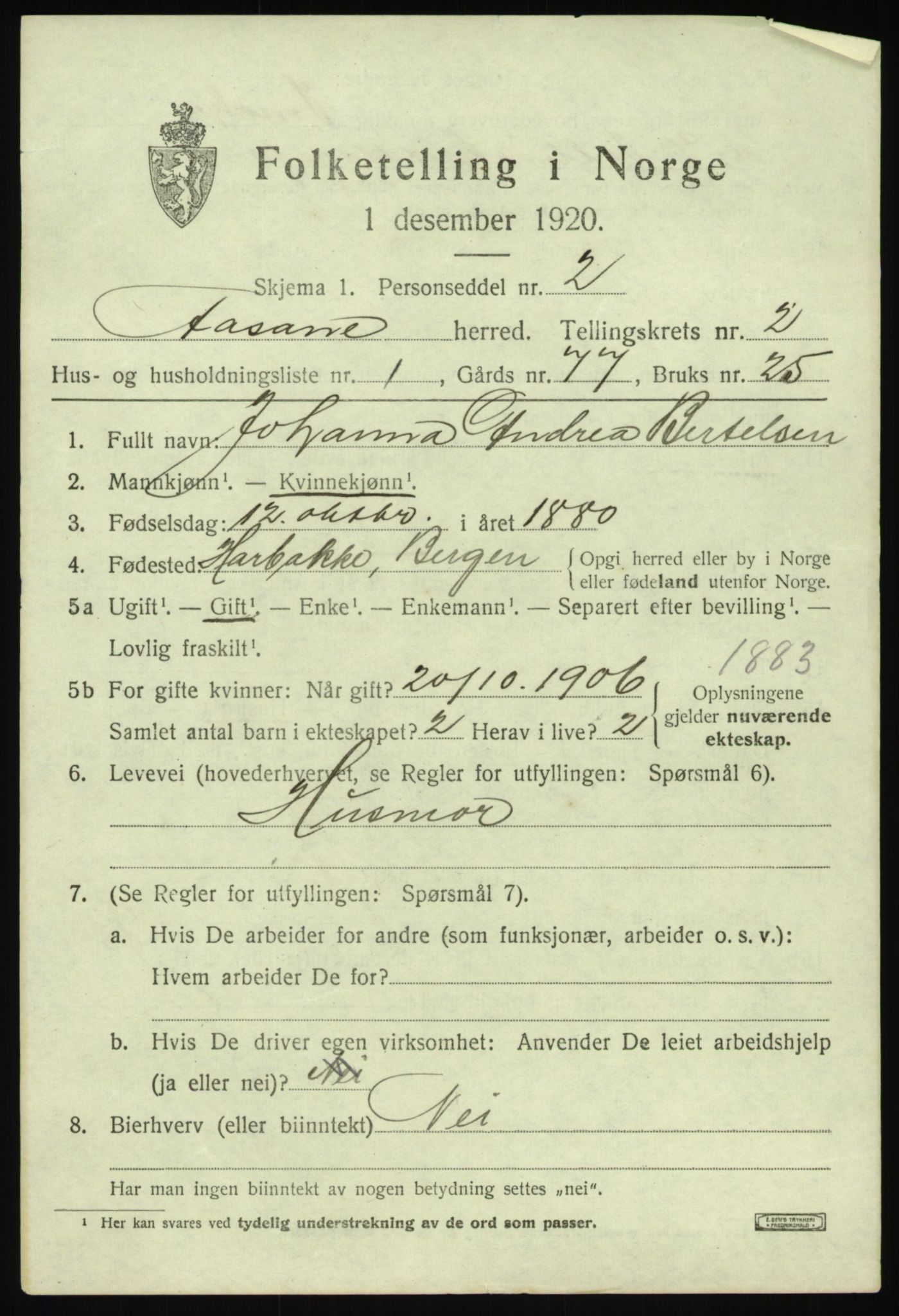 SAB, 1920 census for Åsane, 1920, p. 1229