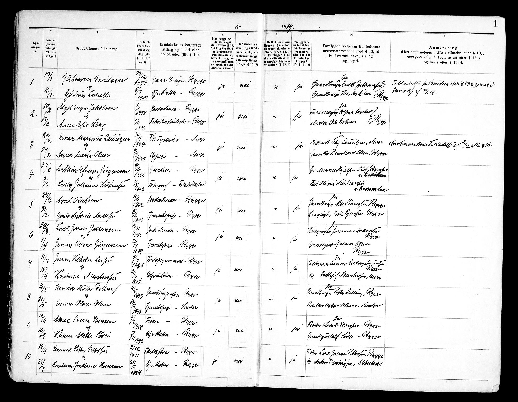Rygge prestekontor Kirkebøker, SAO/A-10084b/H/Ha/L0002: Banns register no. 2, 1919-1961, p. 1