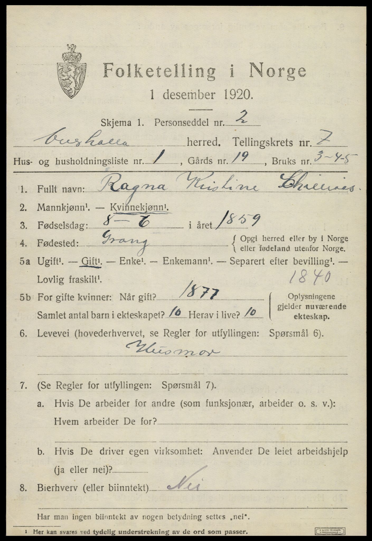 SAT, 1920 census for Overhalla, 1920, p. 4904