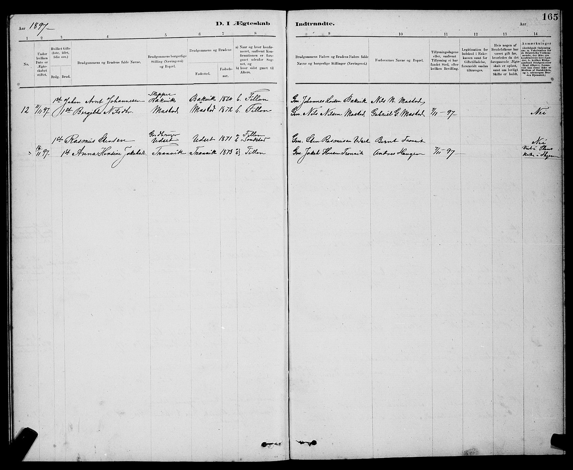Ministerialprotokoller, klokkerbøker og fødselsregistre - Sør-Trøndelag, SAT/A-1456/637/L0562: Parish register (copy) no. 637C03, 1883-1898, p. 165