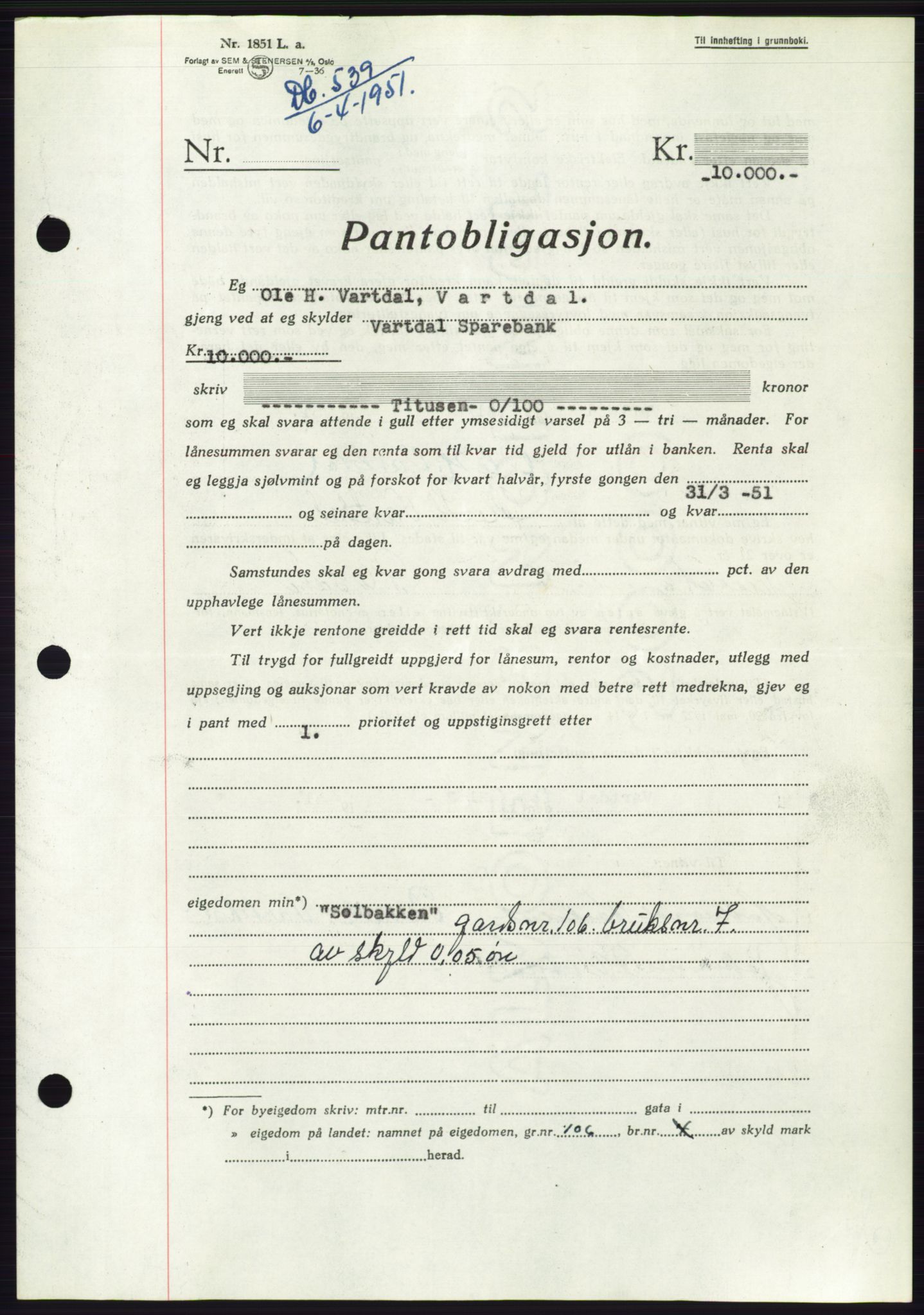 Søre Sunnmøre sorenskriveri, AV/SAT-A-4122/1/2/2C/L0119: Mortgage book no. 7B, 1950-1951, Diary no: : 539/1951