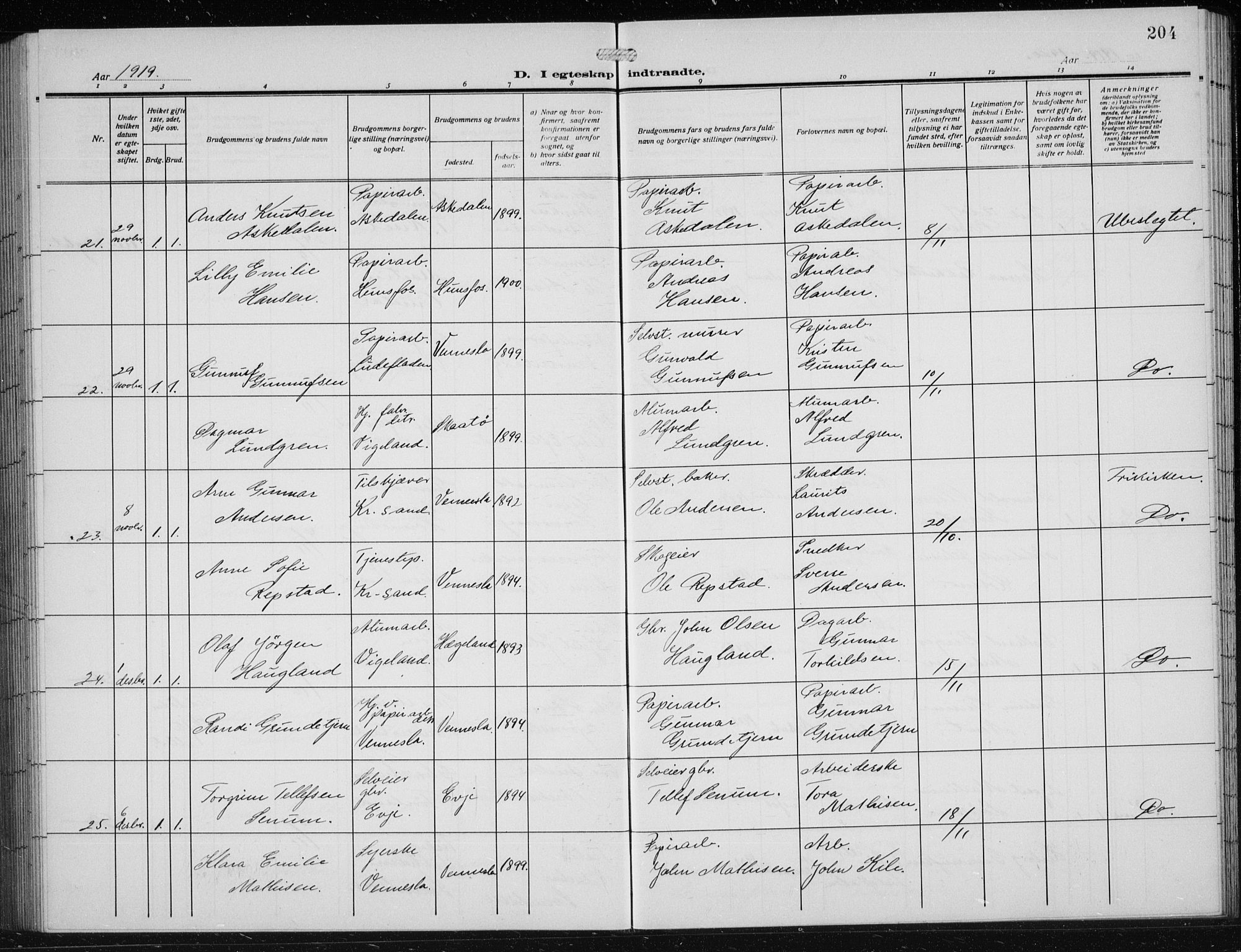 Vennesla sokneprestkontor, SAK/1111-0045/Fb/Fbb/L0006: Parish register (copy) no. B 6, 1914-1921, p. 204