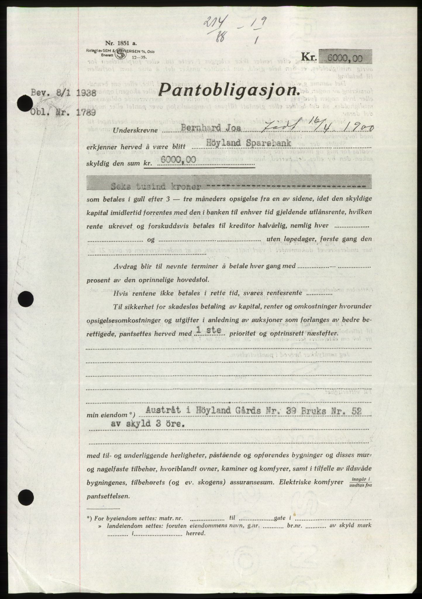 Jæren sorenskriveri, AV/SAST-A-100310/03/G/Gba/L0070: Mortgage book, 1938-1938, Diary no: : 214/1938