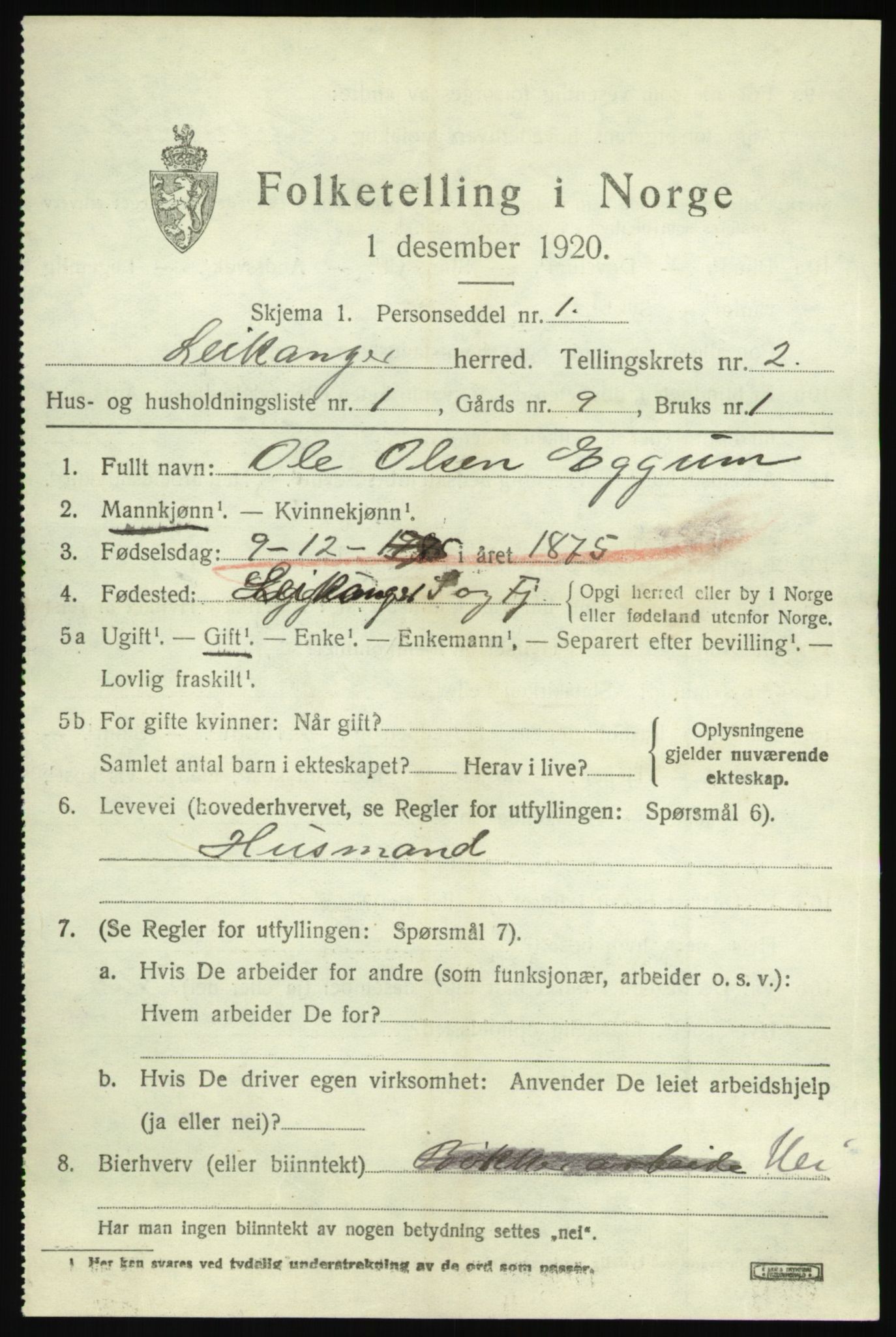 SAB, 1920 census for Leikanger, 1920, p. 1406