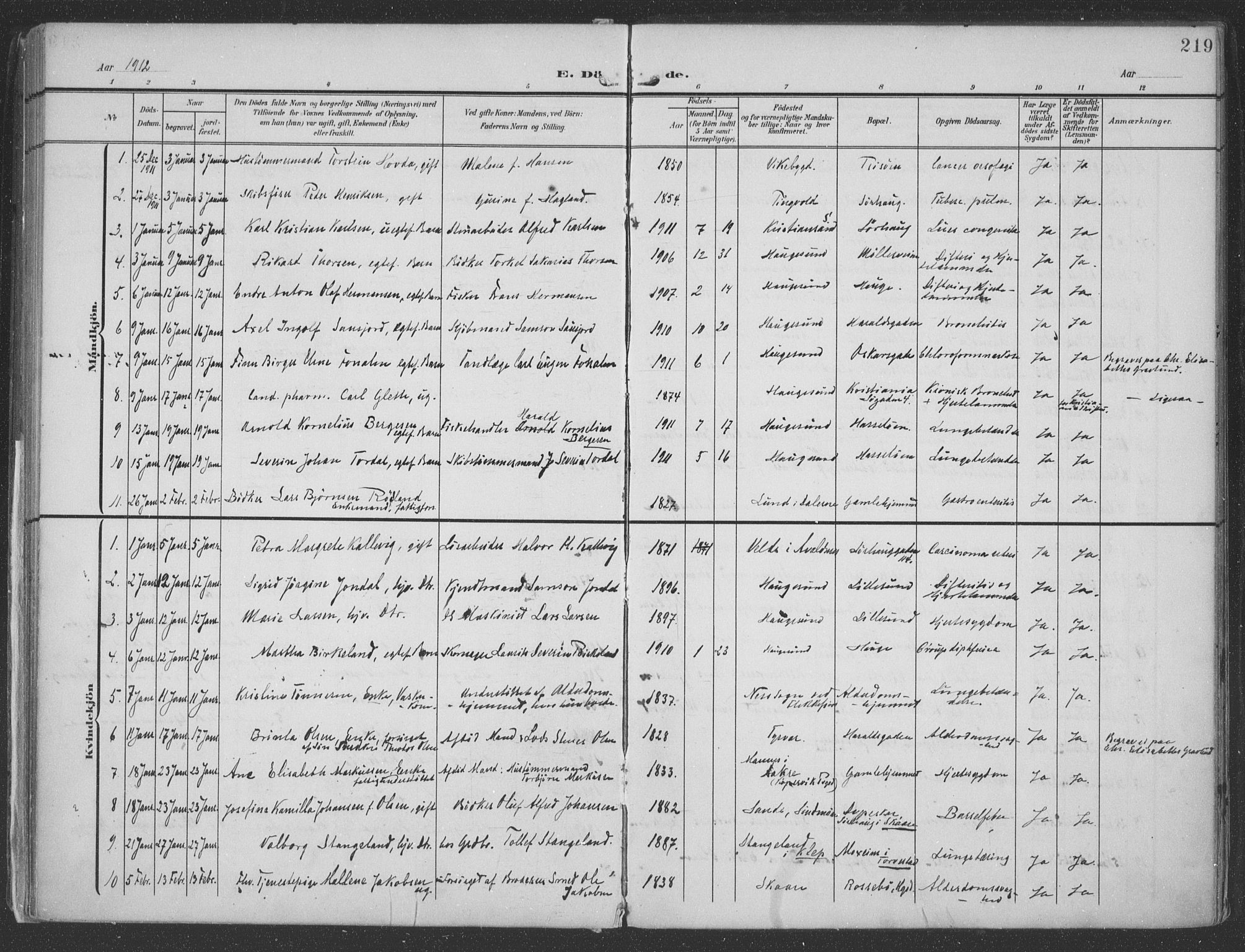 Haugesund sokneprestkontor, SAST/A -101863/H/Ha/Haa/L0007: Parish register (official) no. A 7, 1904-1916, p. 219
