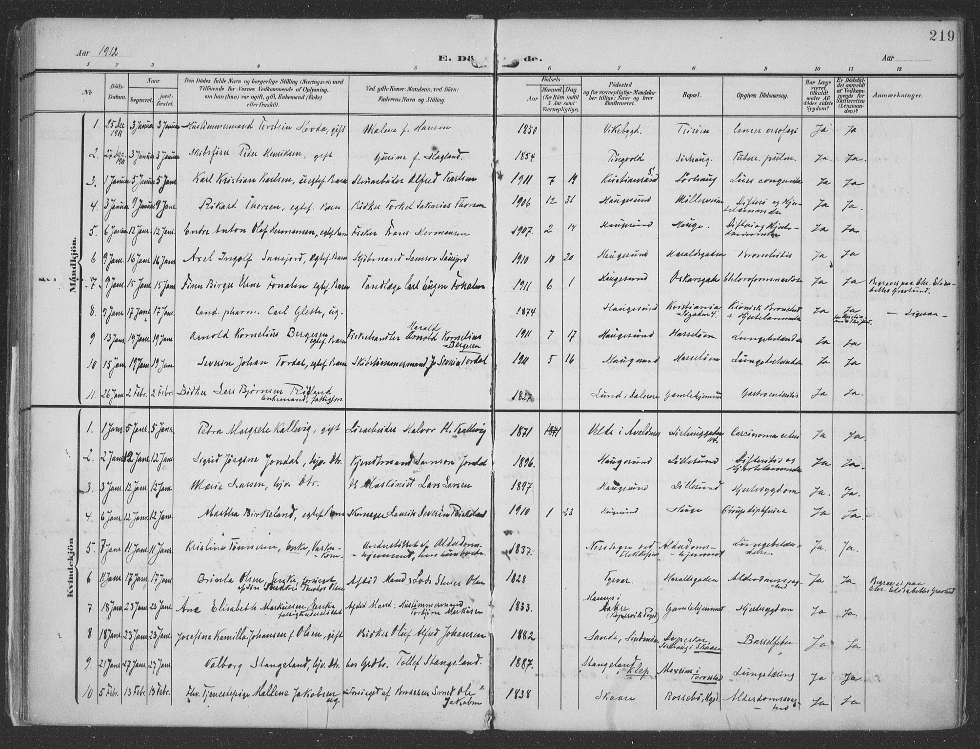 Haugesund sokneprestkontor, AV/SAST-A -101863/H/Ha/Haa/L0007: Parish register (official) no. A 7, 1904-1916, p. 219