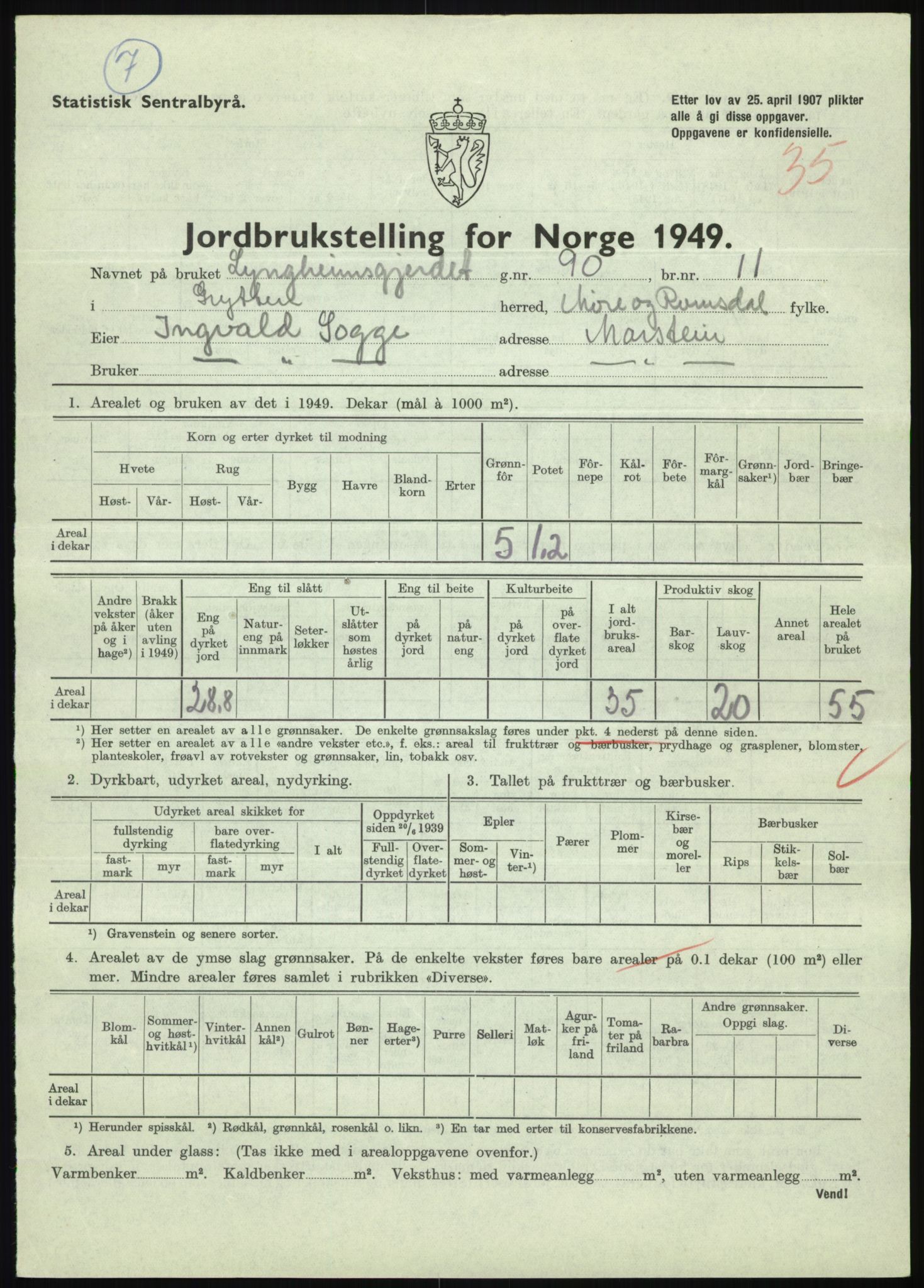 Statistisk sentralbyrå, Næringsøkonomiske emner, Jordbruk, skogbruk, jakt, fiske og fangst, AV/RA-S-2234/G/Gc/L0323: Møre og Romsdal: Grytten og Hen, 1949, p. 143