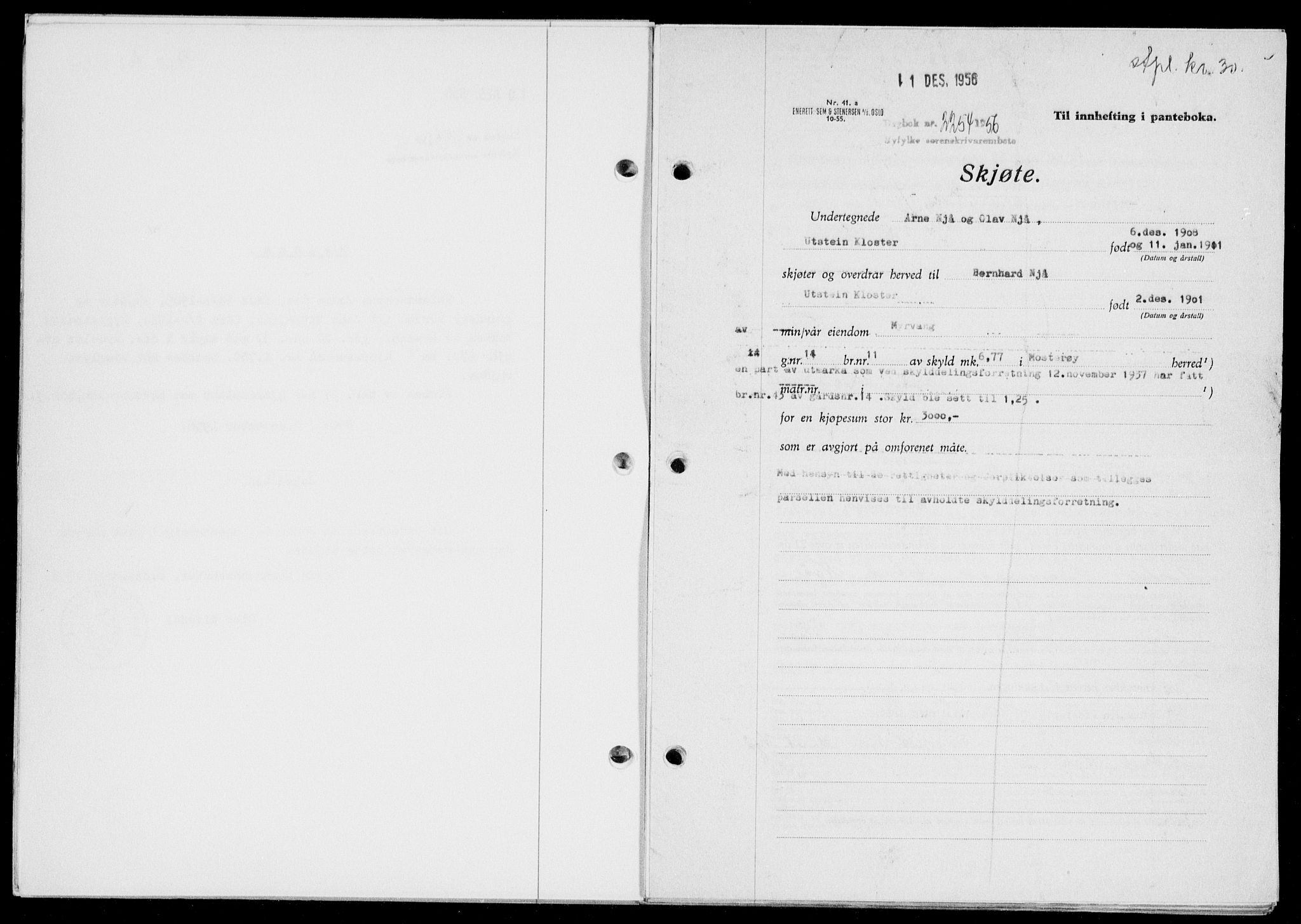 Ryfylke tingrett, SAST/A-100055/001/II/IIB/L0135: Mortgage book no. 114, 1956-1957, Diary no: : 2254/1956