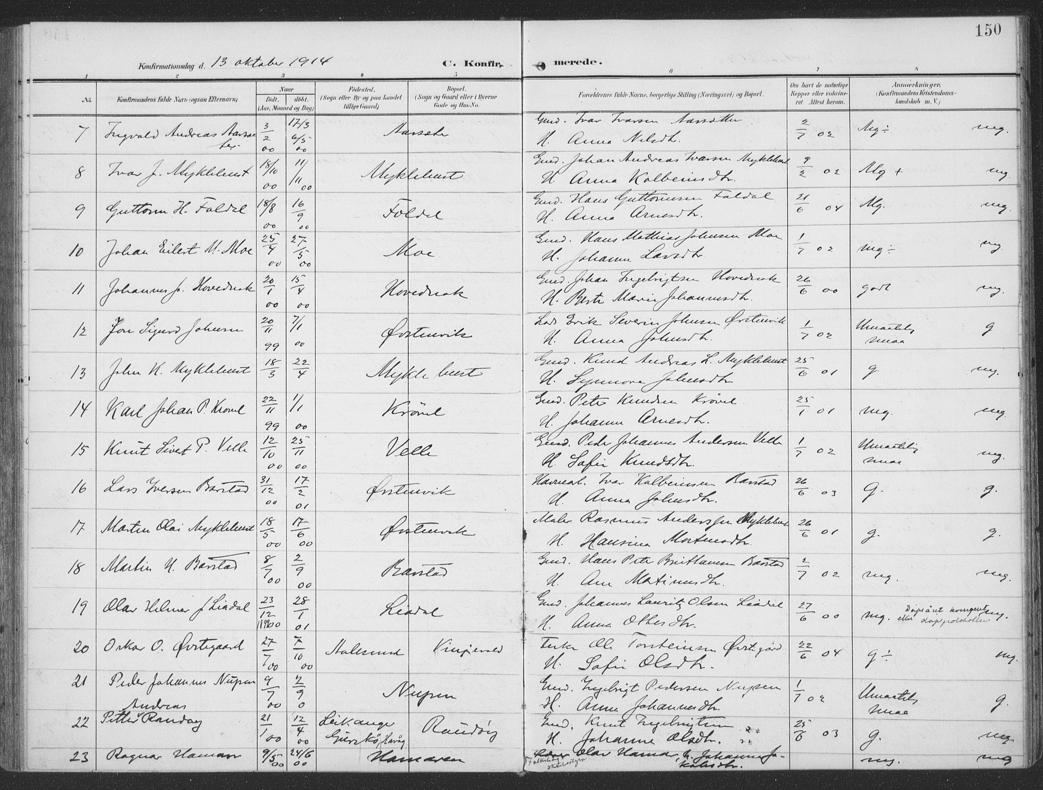 Ministerialprotokoller, klokkerbøker og fødselsregistre - Møre og Romsdal, SAT/A-1454/513/L0178: Parish register (official) no. 513A05, 1906-1919, p. 150