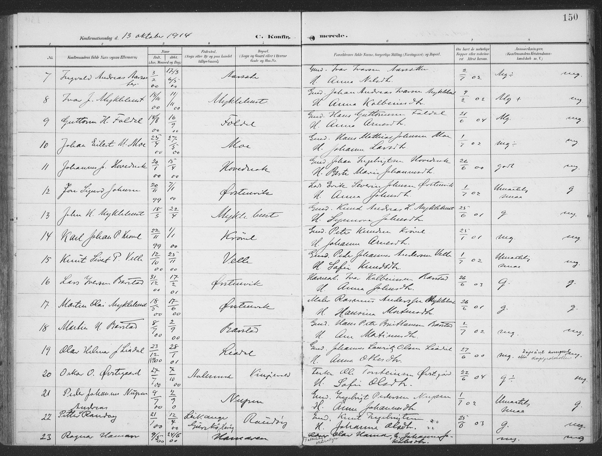 Ministerialprotokoller, klokkerbøker og fødselsregistre - Møre og Romsdal, AV/SAT-A-1454/513/L0178: Parish register (official) no. 513A05, 1906-1919, p. 150