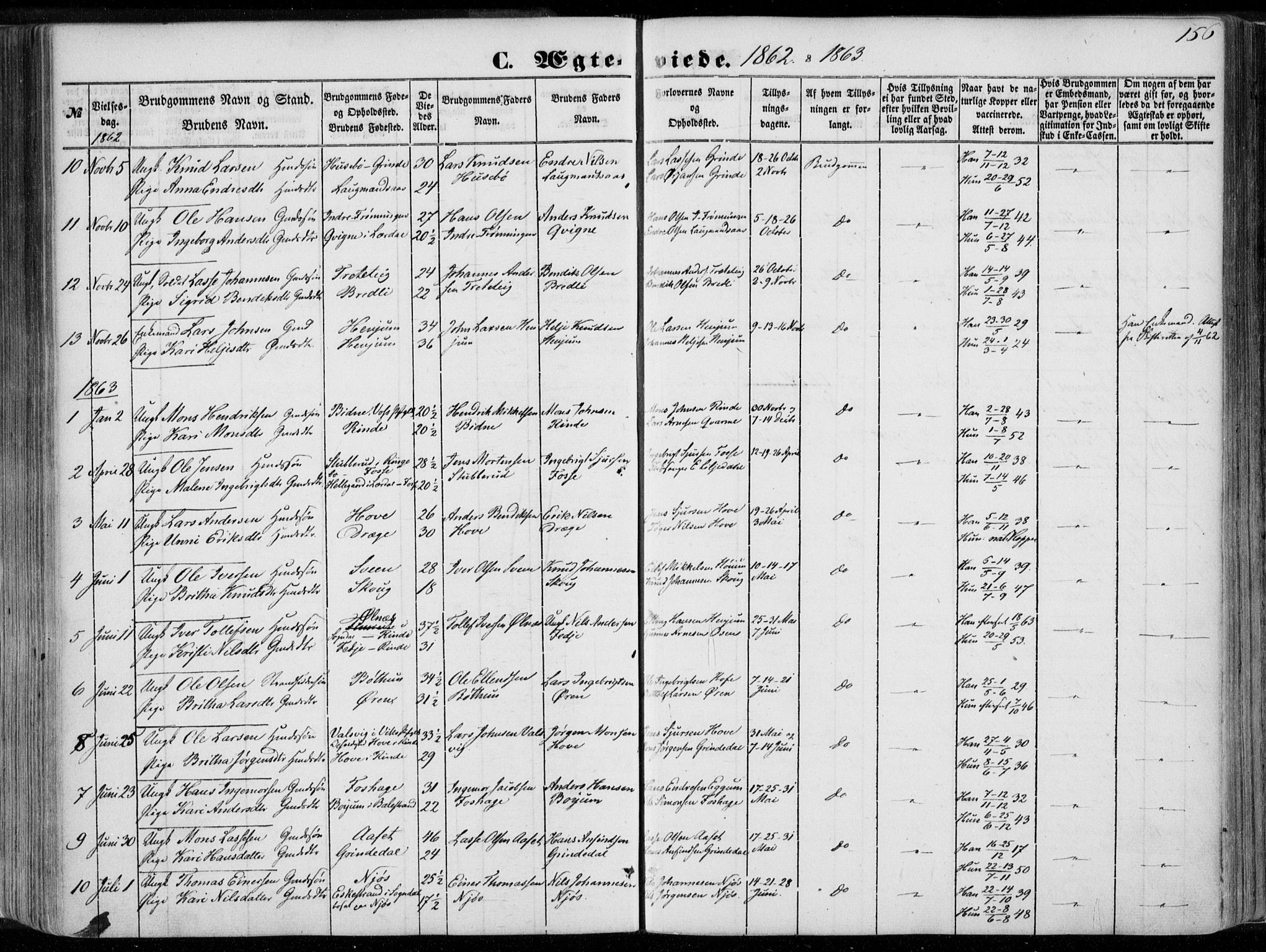 Leikanger sokneprestembete, AV/SAB-A-81001/H/Haa/Haaa/L0008: Parish register (official) no. A 8, 1852-1868, p. 156