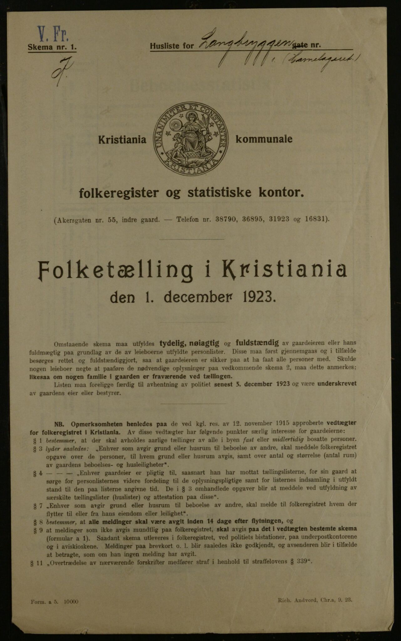 OBA, Municipal Census 1923 for Kristiania, 1923, p. 63169