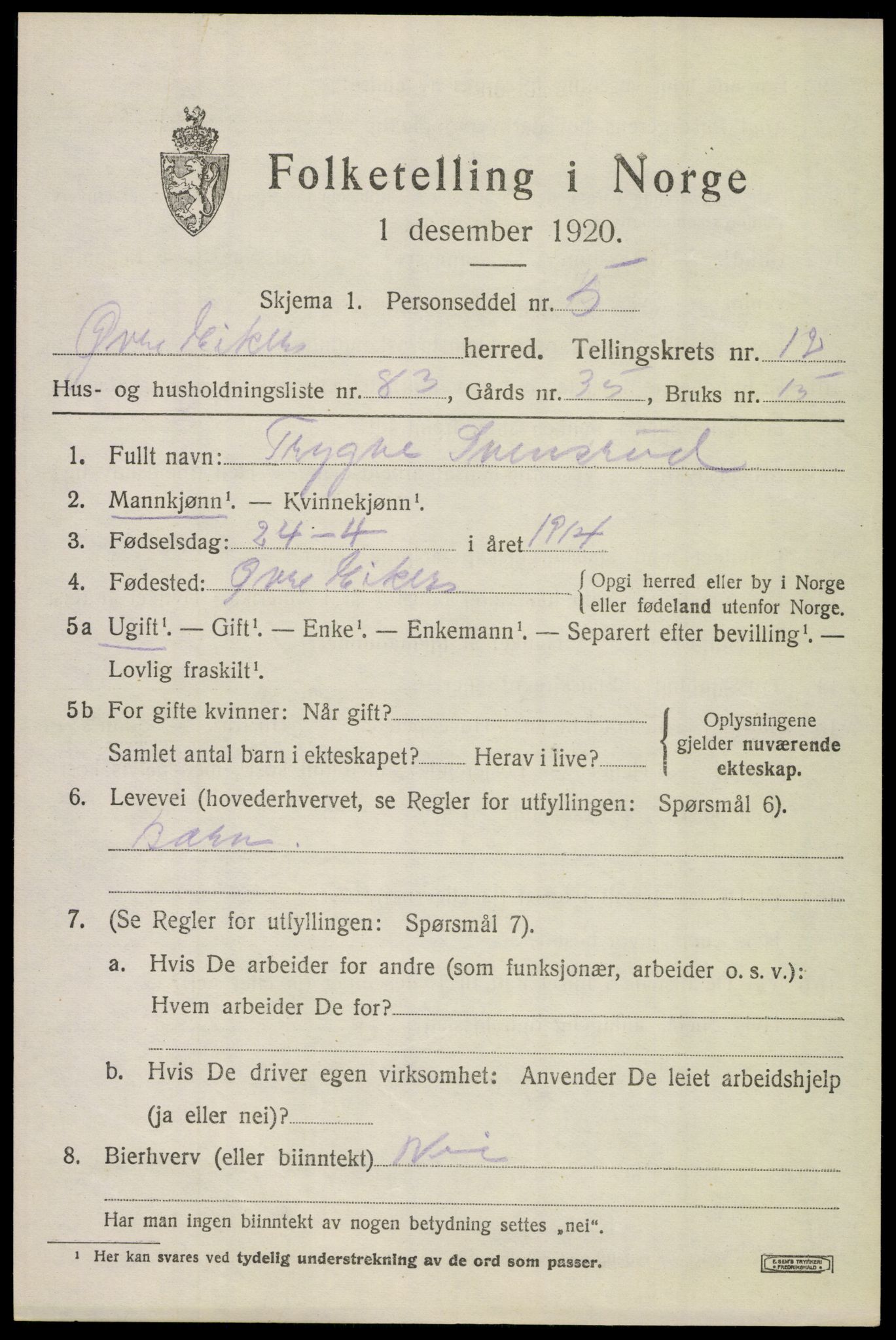 SAKO, 1920 census for Øvre Eiker, 1920, p. 19588