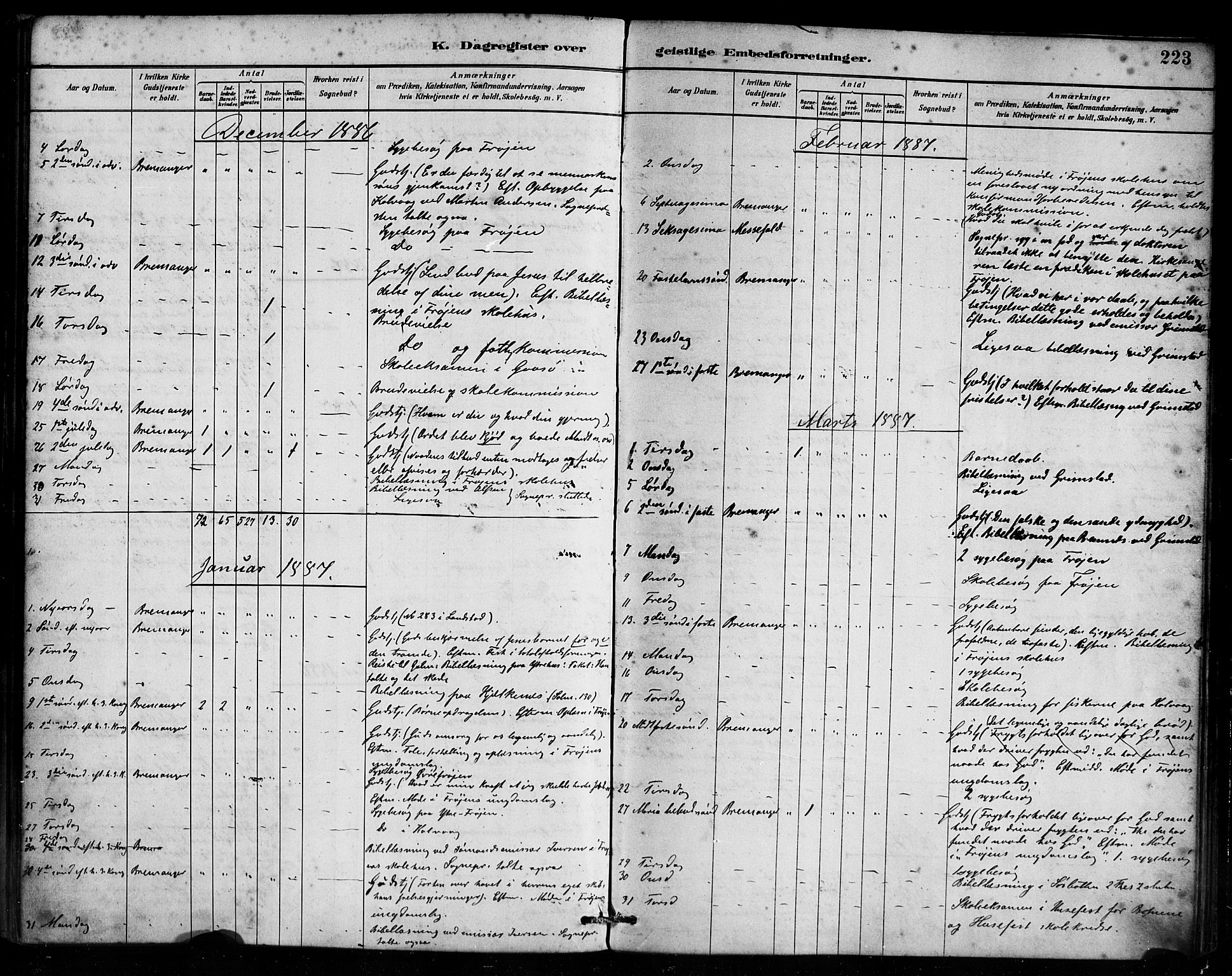 Bremanger sokneprestembete, SAB/A-82201/H/Haa/Haab/L0001: Parish register (official) no. B 1, 1884-1895, p. 223