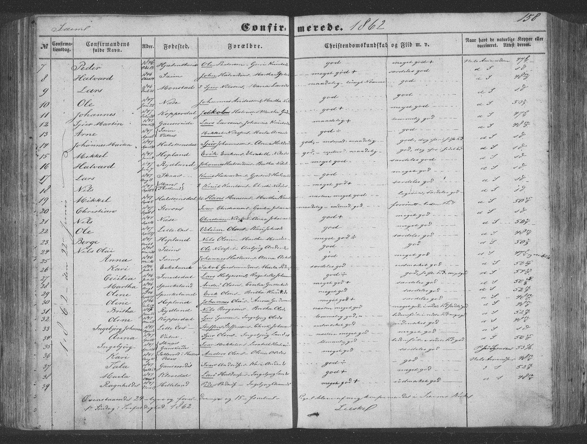 Hosanger sokneprestembete, SAB/A-75801/H/Haa: Parish register (official) no. A 8, 1849-1863, p. 158