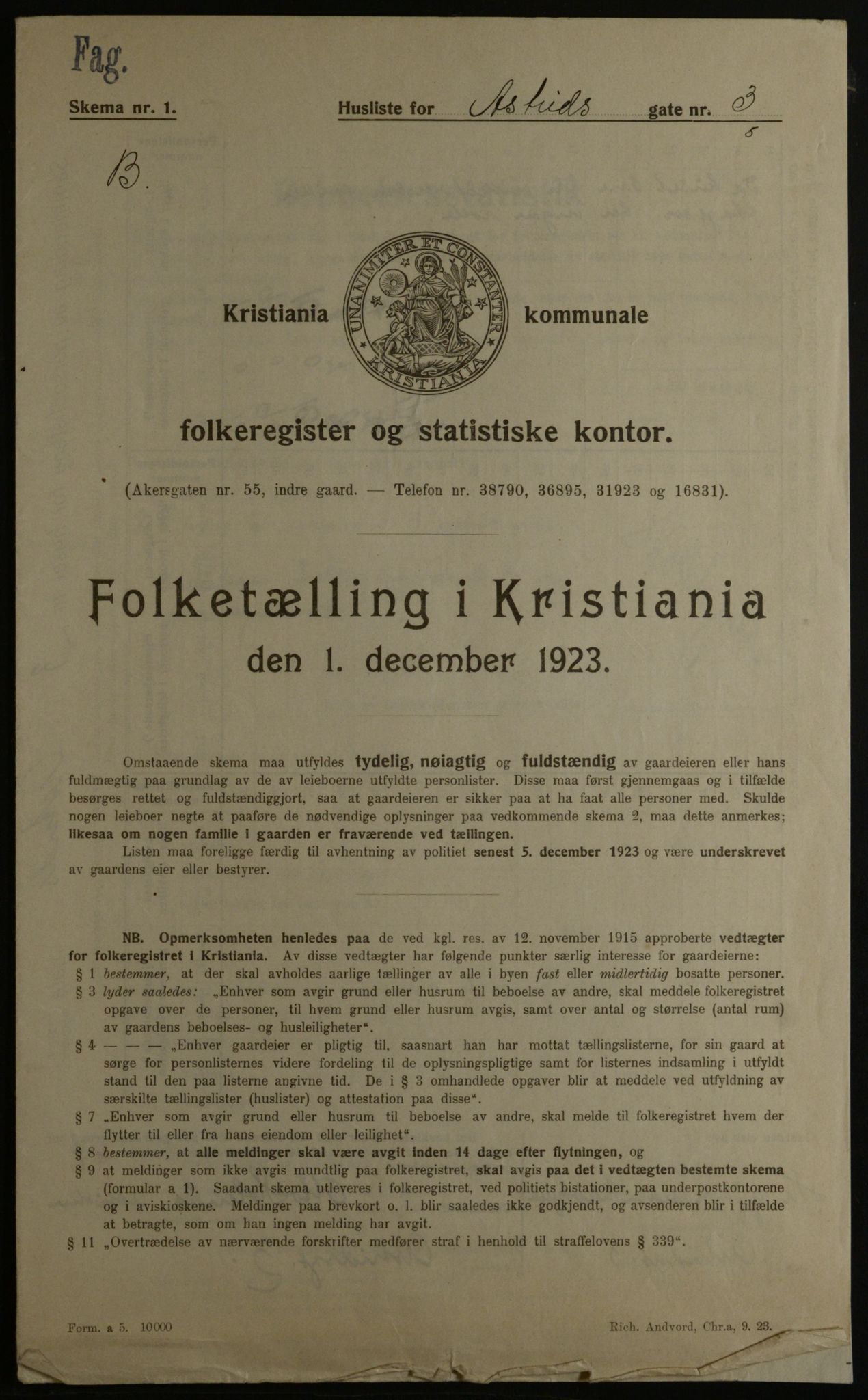 OBA, Municipal Census 1923 for Kristiania, 1923, p. 19078
