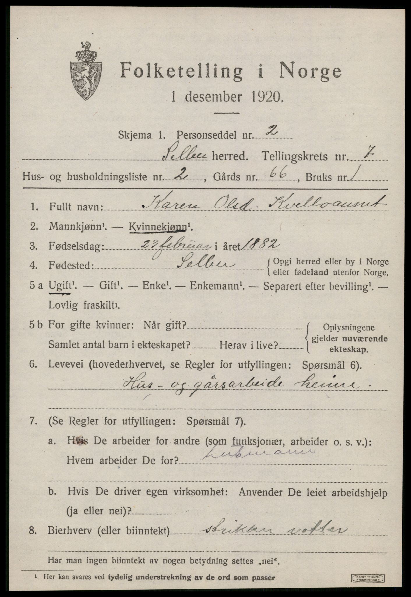 SAT, 1920 census for Selbu, 1920, p. 3892