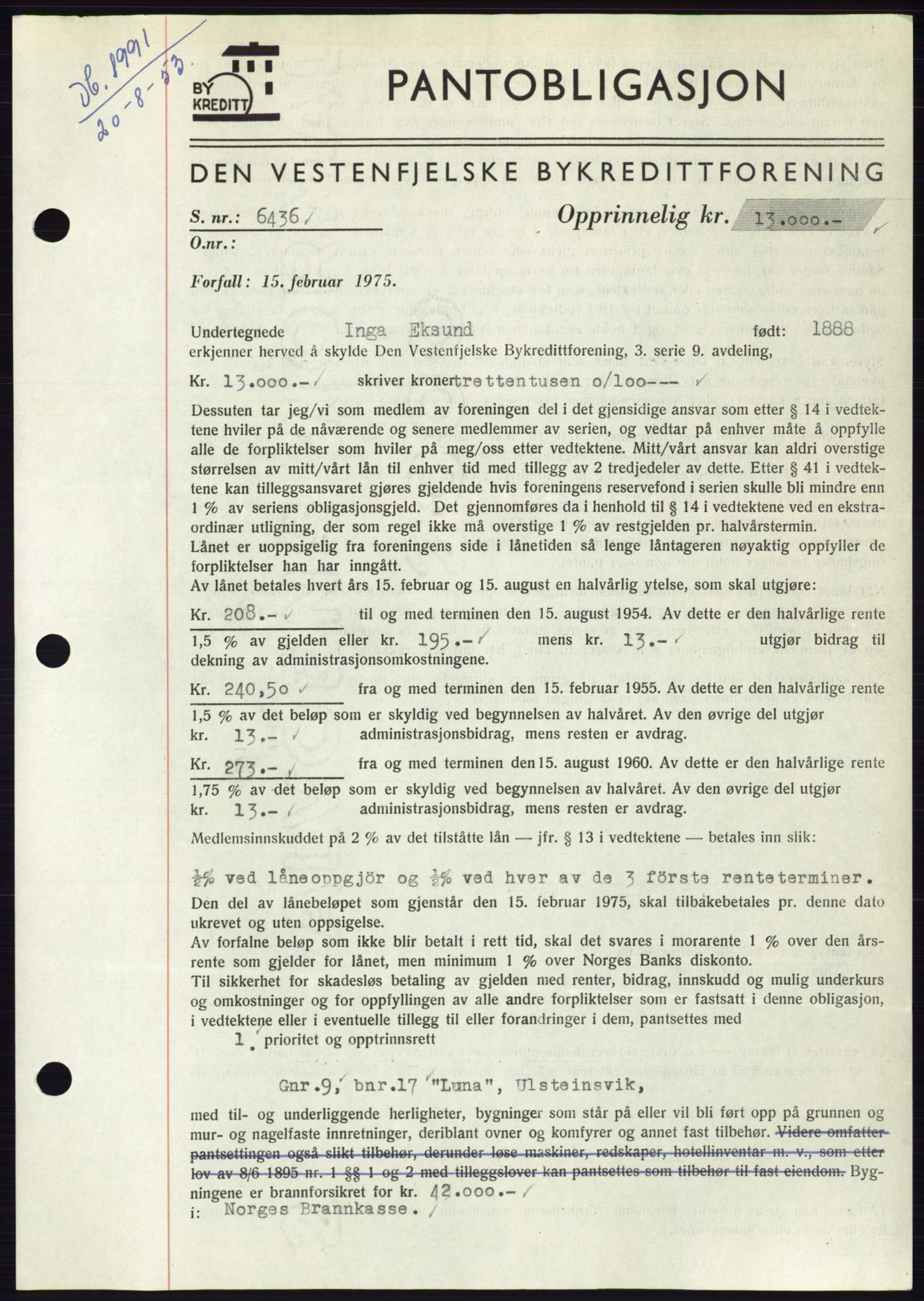 Søre Sunnmøre sorenskriveri, AV/SAT-A-4122/1/2/2C/L0123: Mortgage book no. 11B, 1953-1953, Diary no: : 1991/1953