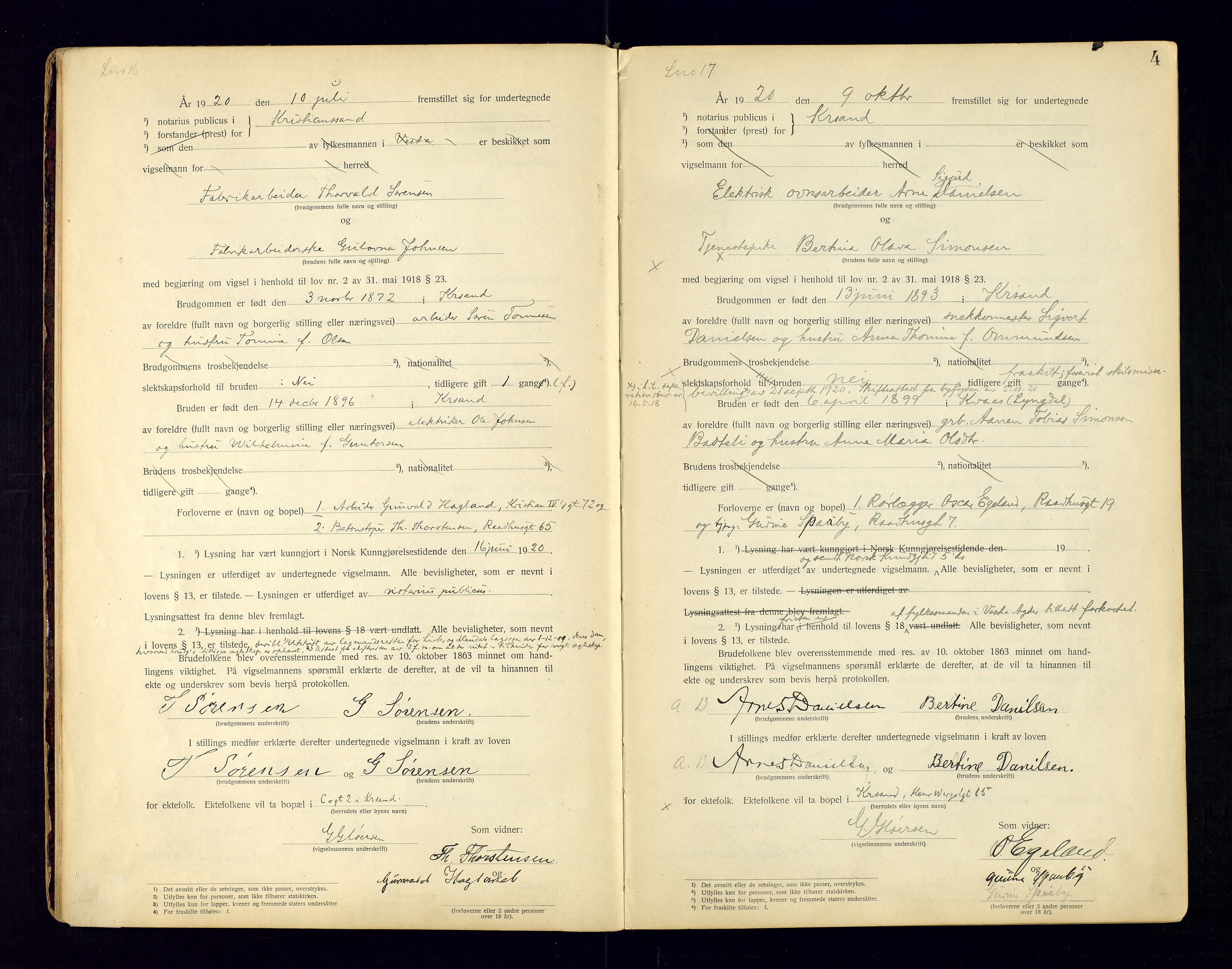 Kristiansand byrett - 2, AV/SAK-1223-0002/I/Ib/L0147/0001: Vielsesprotokoller / Vigselbok, 1920-1936, p. 4