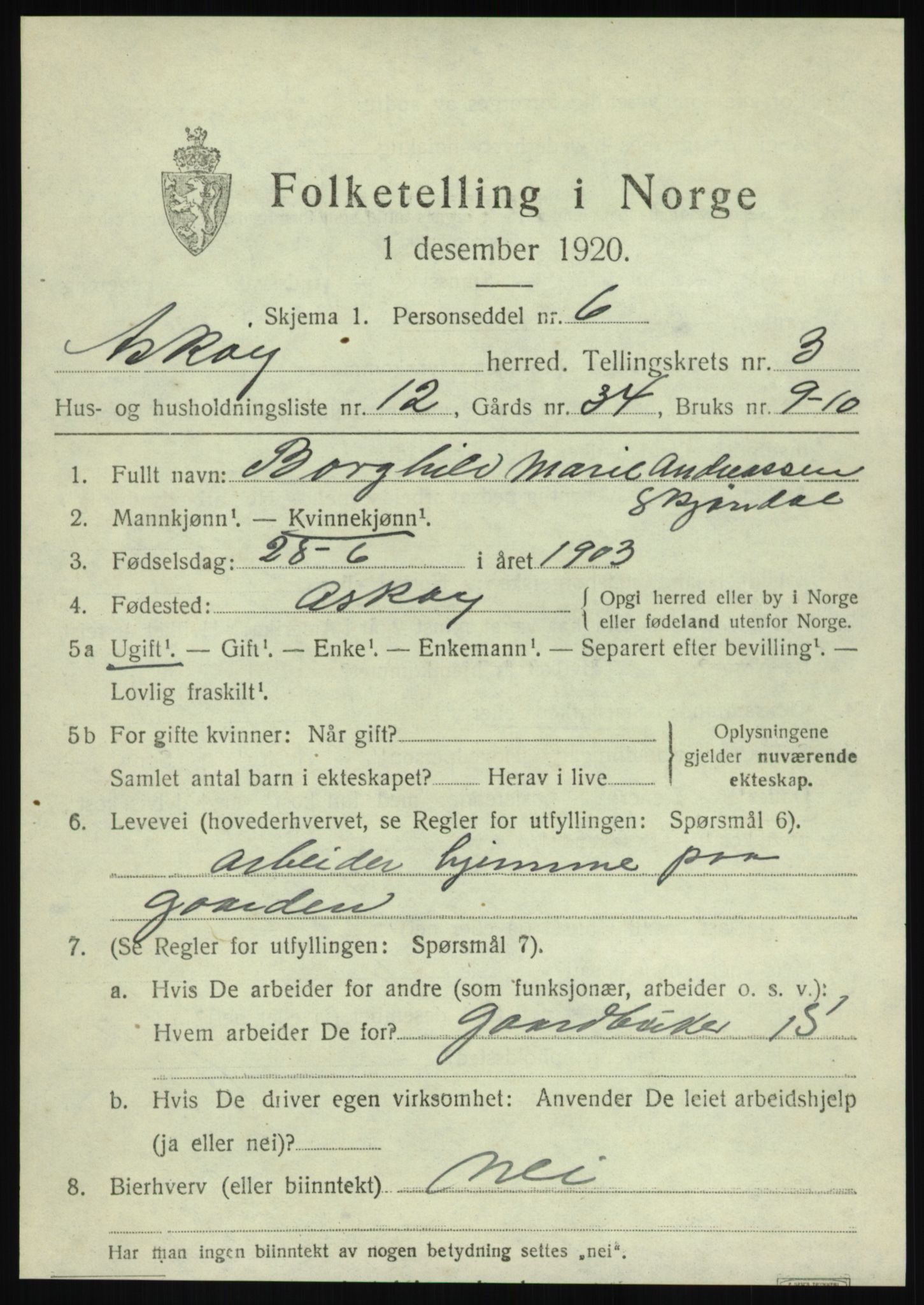 SAB, 1920 census for Askøy, 1920, p. 6498