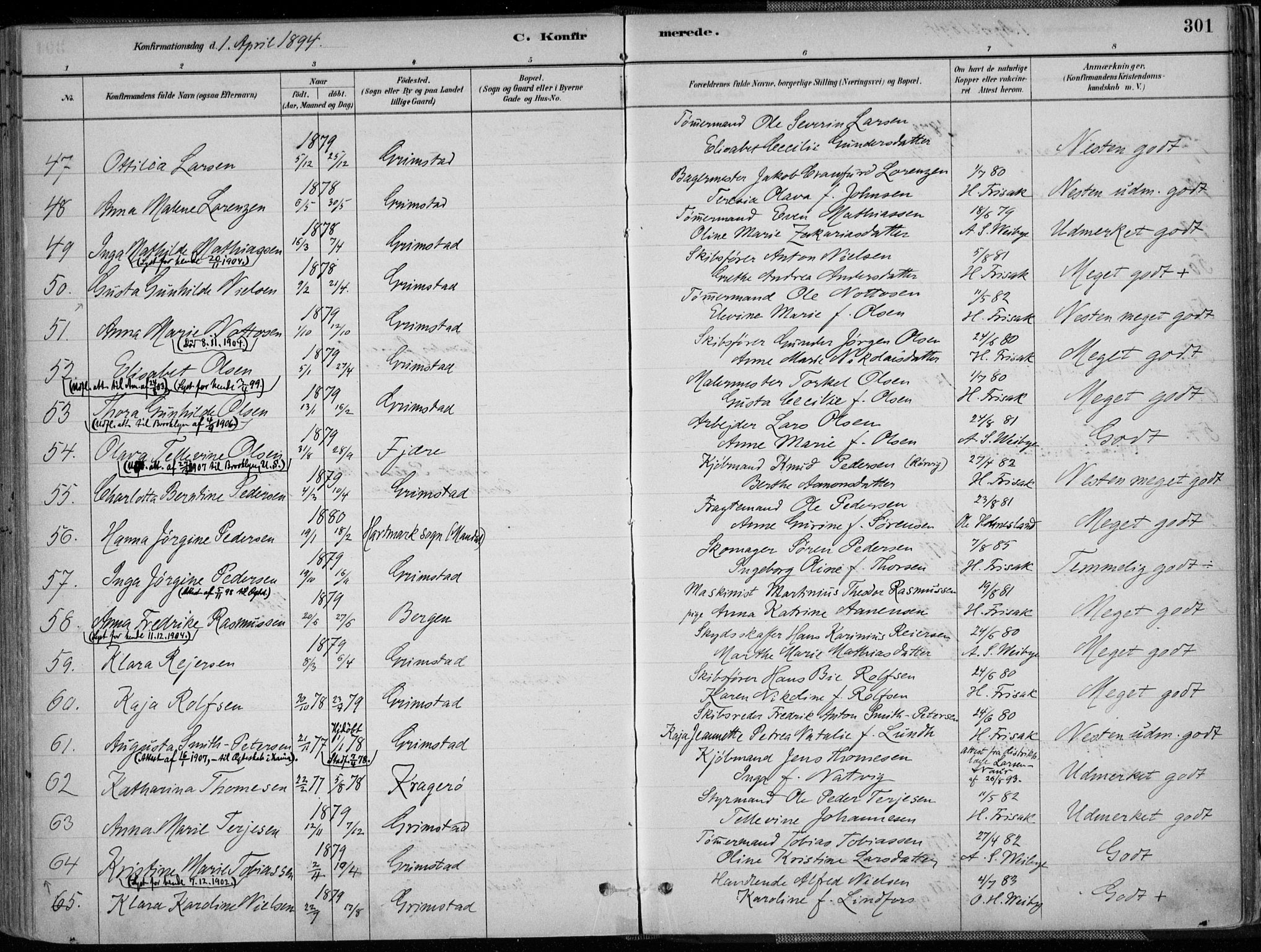 Grimstad sokneprestkontor, AV/SAK-1111-0017/F/Fa/L0003: Parish register (official) no. A 2, 1882-1912, p. 301