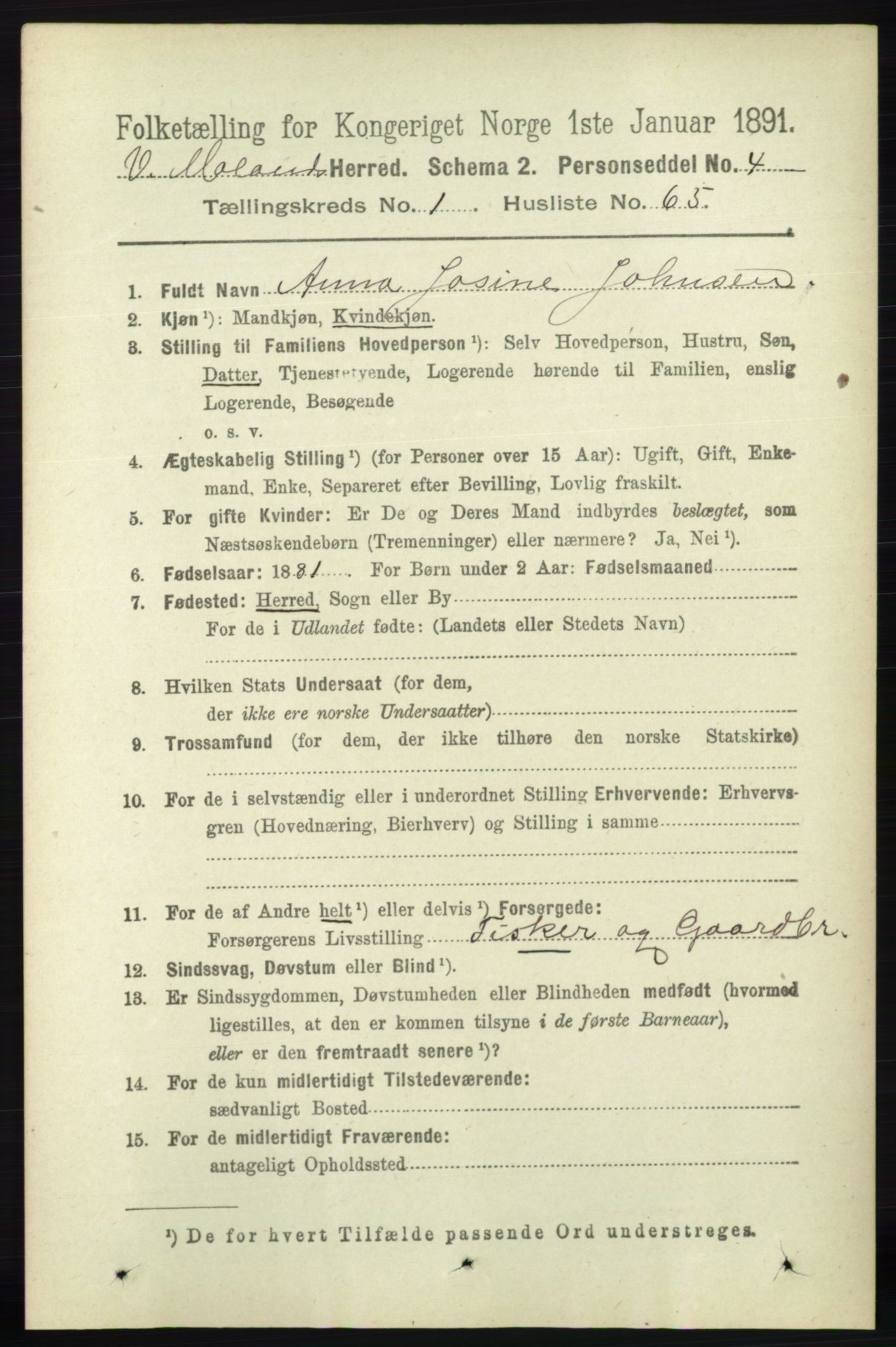 RA, 1891 census for 0926 Vestre Moland, 1891, p. 481