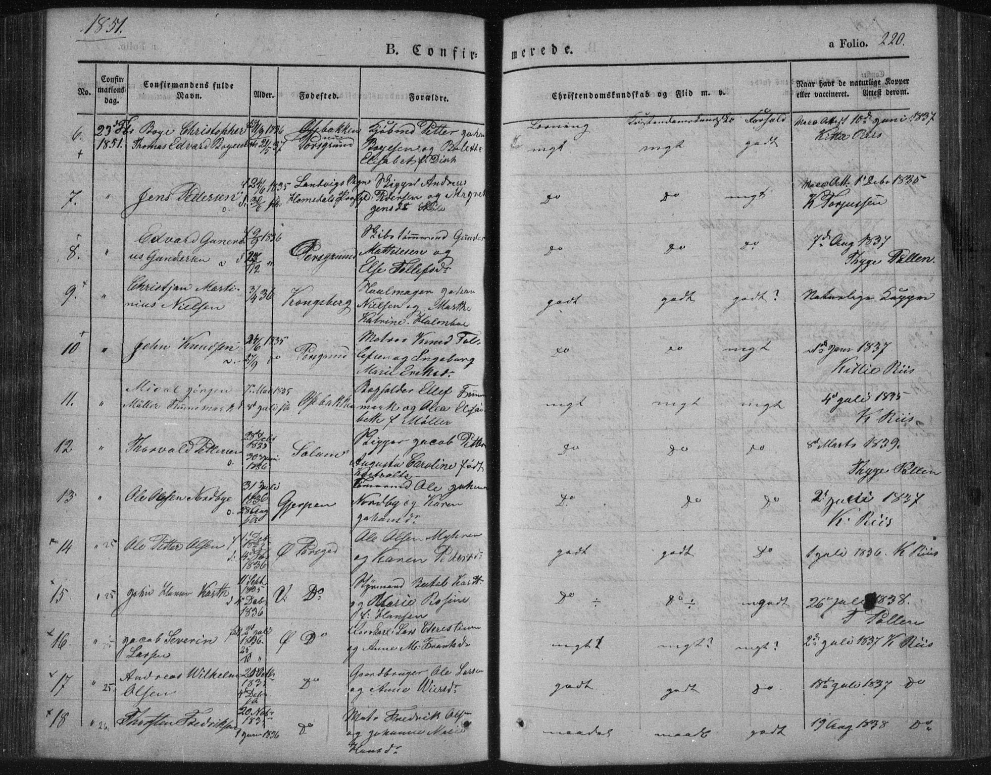 Porsgrunn kirkebøker , AV/SAKO-A-104/F/Fa/L0006: Parish register (official) no. 6, 1841-1857, p. 220