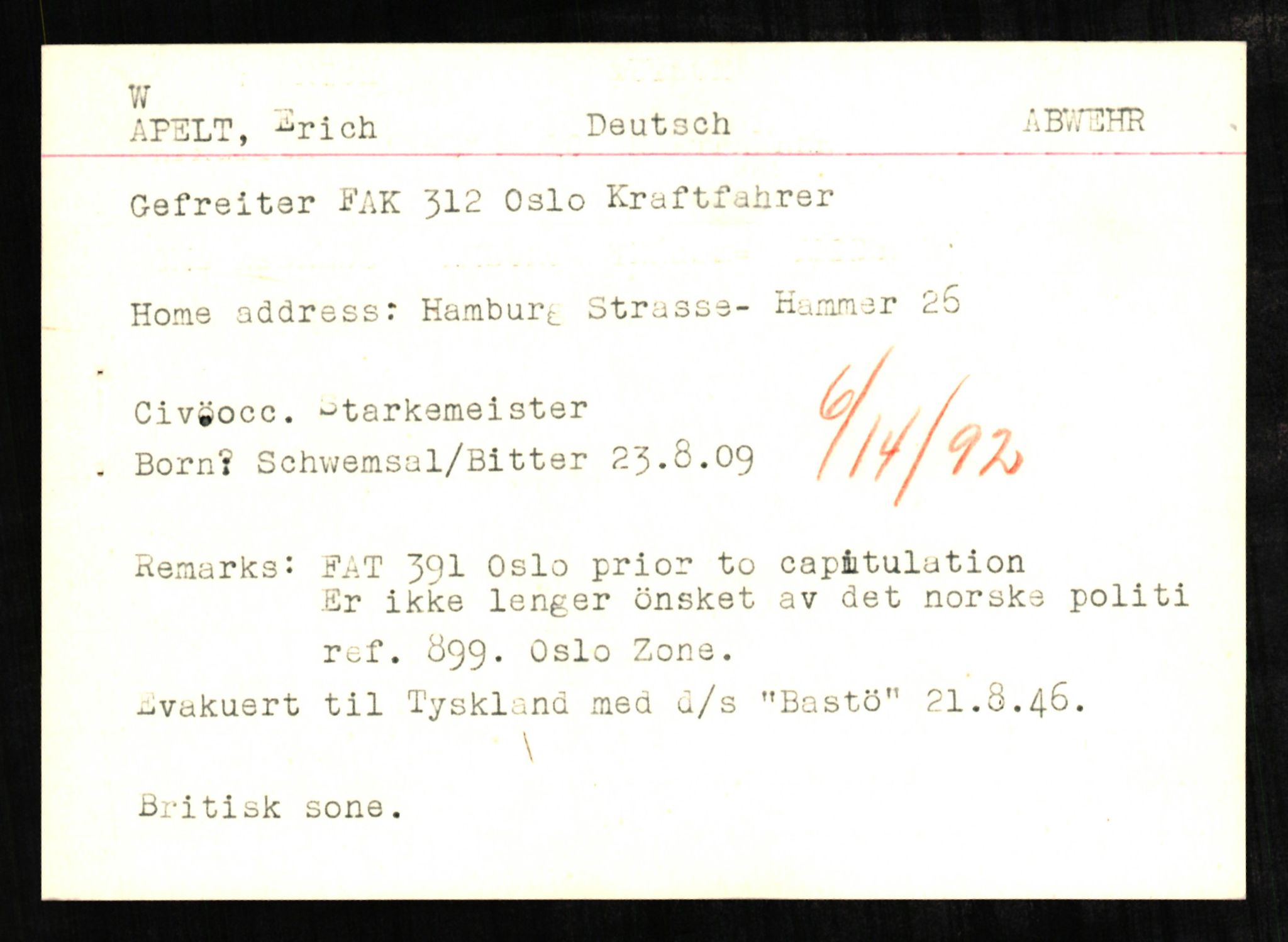 Forsvaret, Forsvarets overkommando II, AV/RA-RAFA-3915/D/Db/L0001: CI Questionaires. Tyske okkupasjonsstyrker i Norge. Tyskere., 1945-1946, p. 256