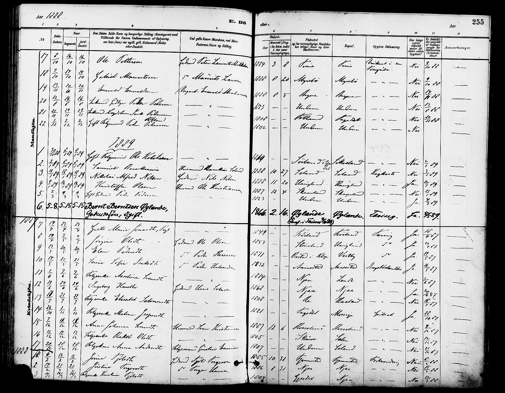 Lye sokneprestkontor, SAST/A-101794/001/30BA/L0009: Parish register (official) no. A 8, 1881-1892, p. 255