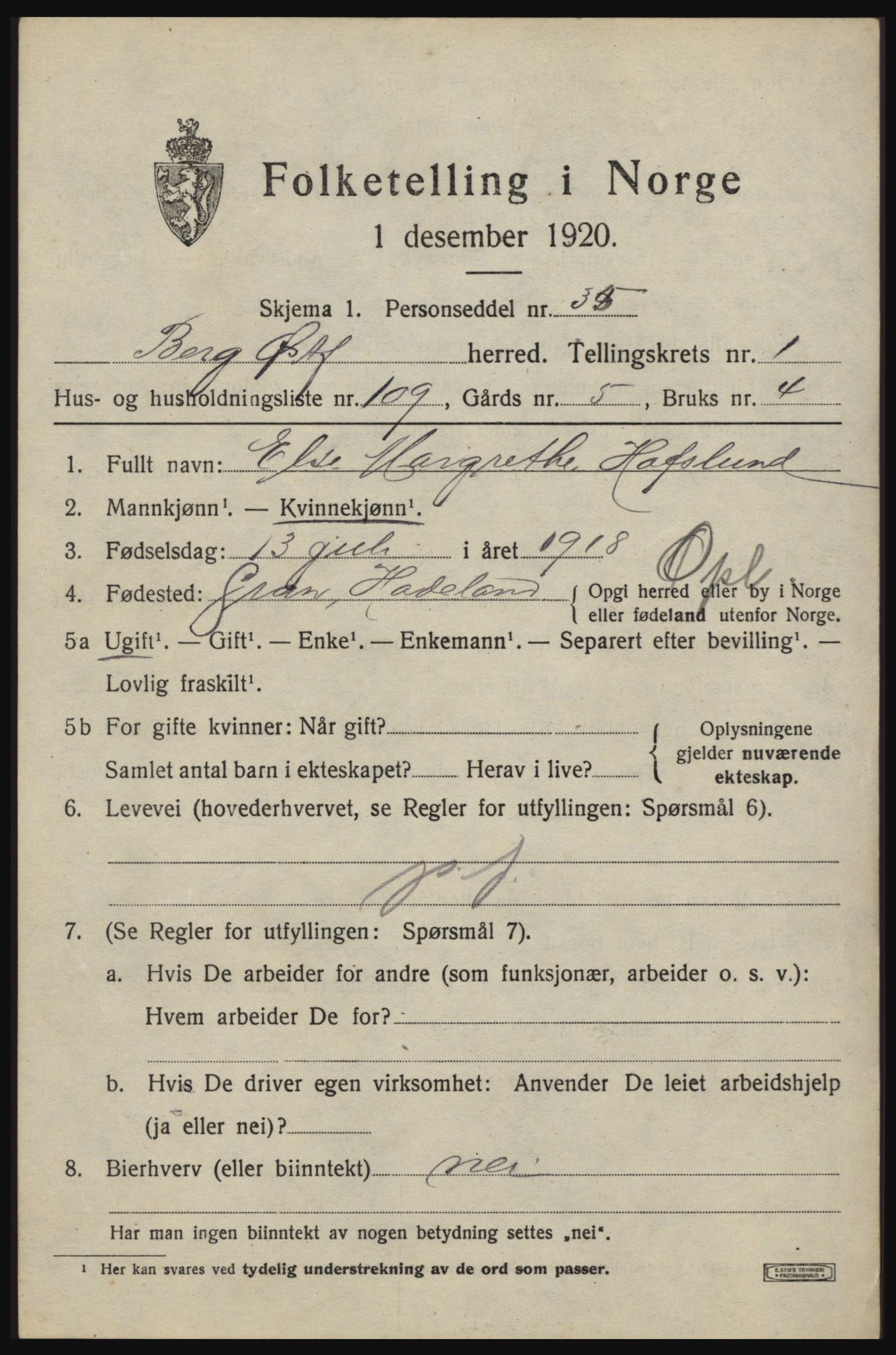 SAO, 1920 census for Berg, 1920, p. 3537