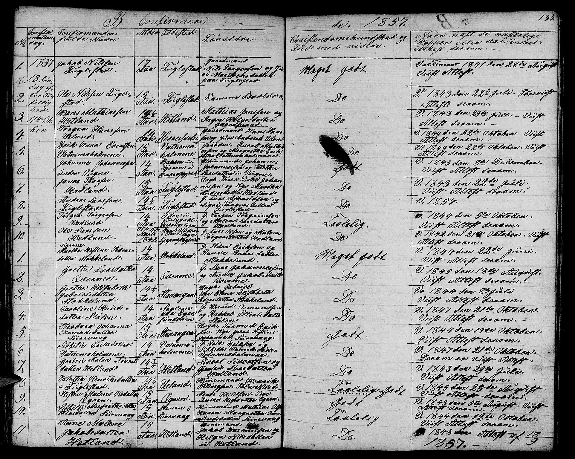 Eigersund sokneprestkontor, AV/SAST-A-101807/001/30/30BB/L0003: Parish register (copy) no. B 3, 1846-1875, p. 133