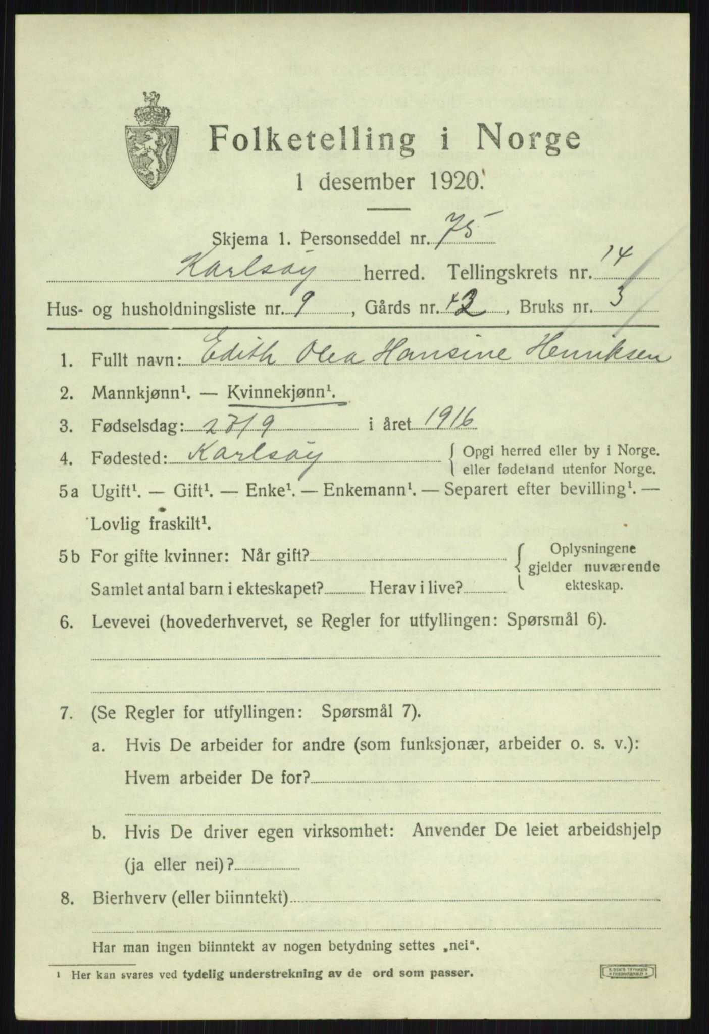 SATØ, 1920 census for Karlsøy, 1920, p. 5245