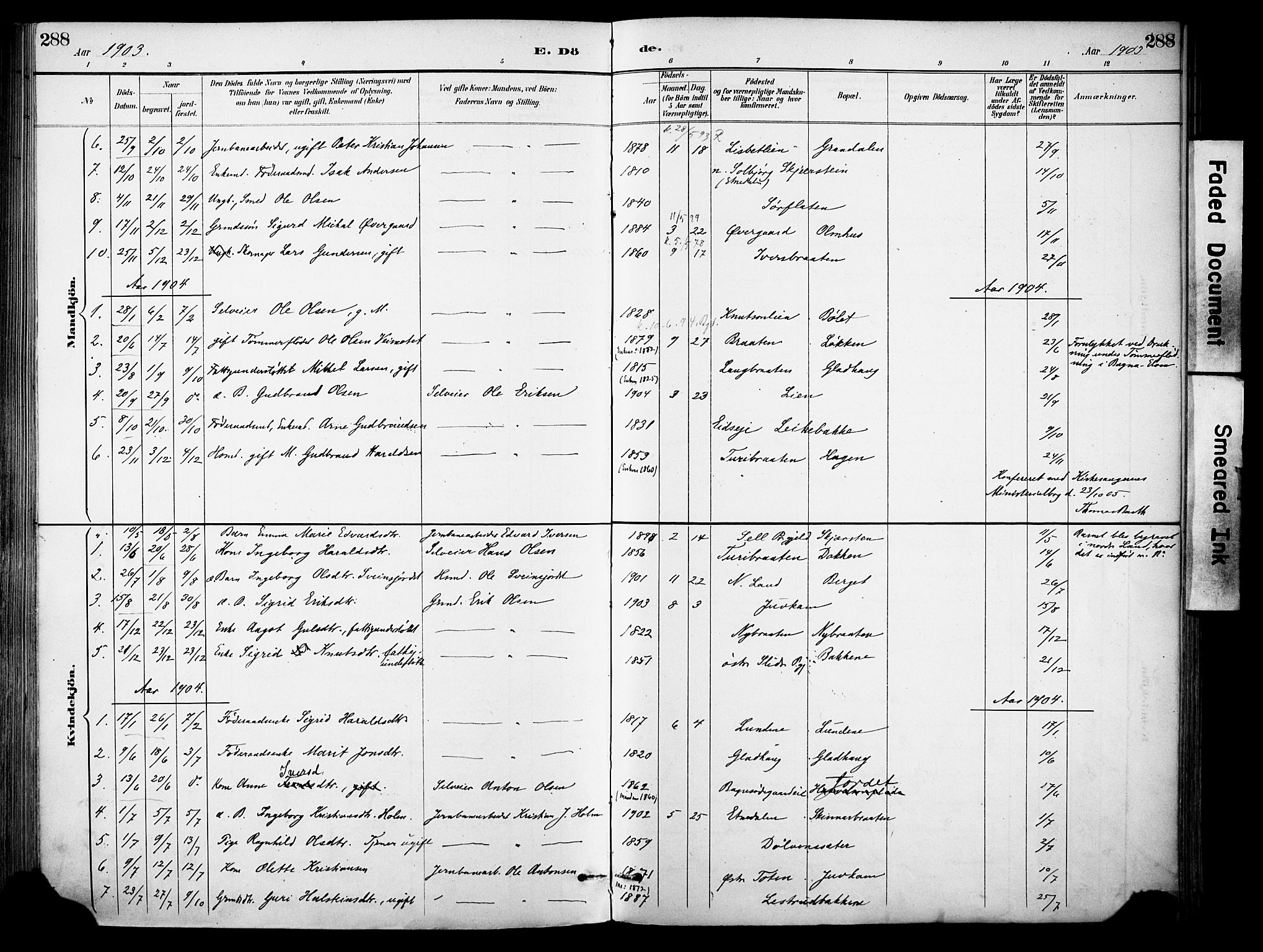 Sør-Aurdal prestekontor, SAH/PREST-128/H/Ha/Haa/L0009: Parish register (official) no. 9, 1886-1906, p. 288