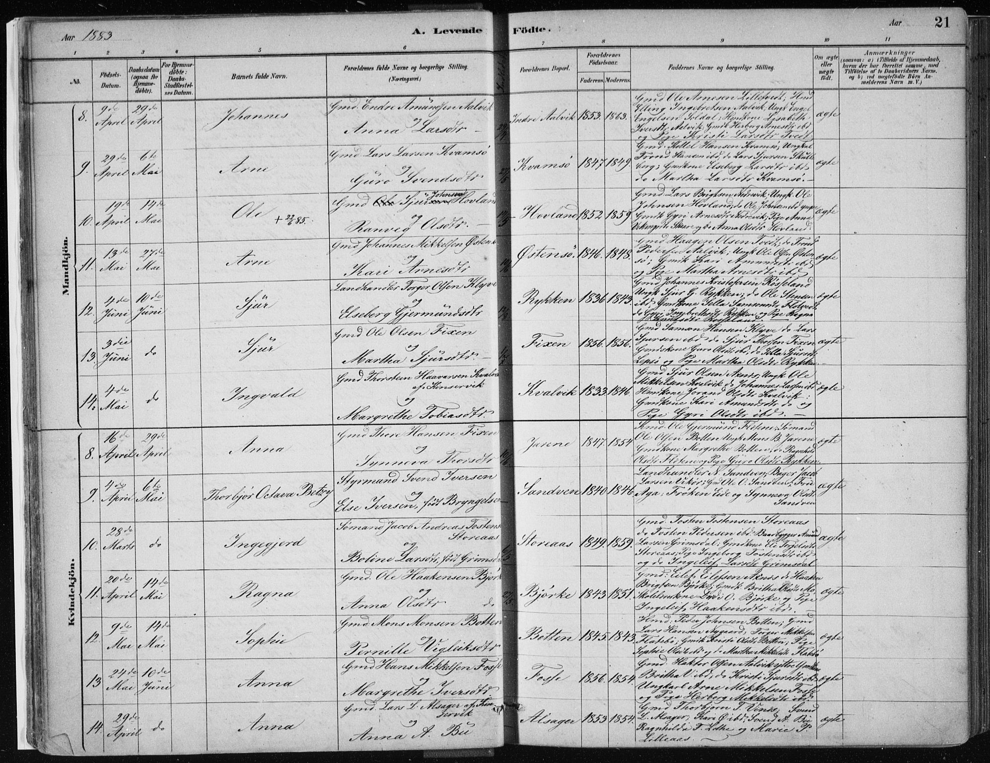 Kvam sokneprestembete, AV/SAB-A-76201/H/Haa: Parish register (official) no. C  1, 1880-1906, p. 21