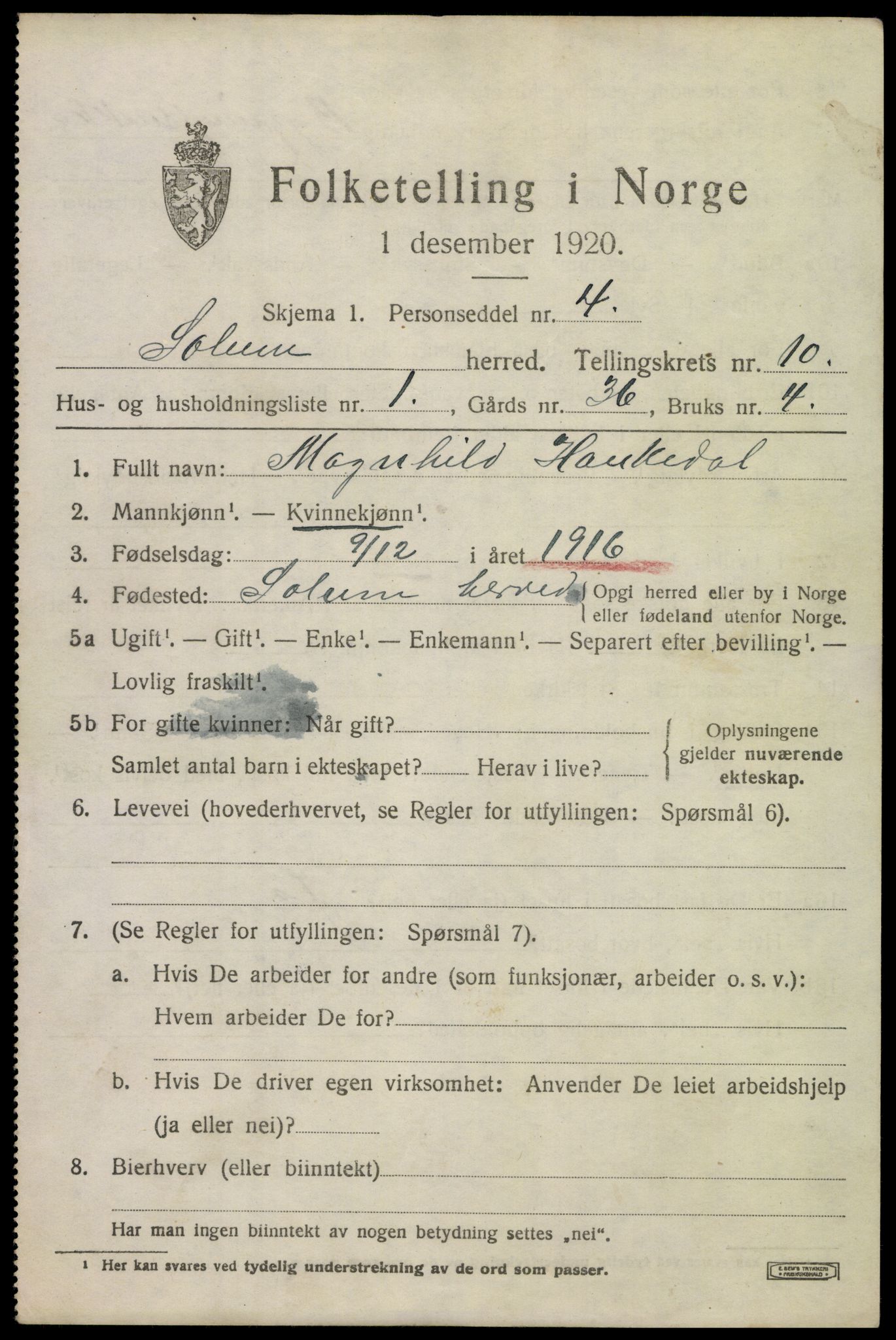 SAKO, 1920 census for Solum, 1920, p. 15342