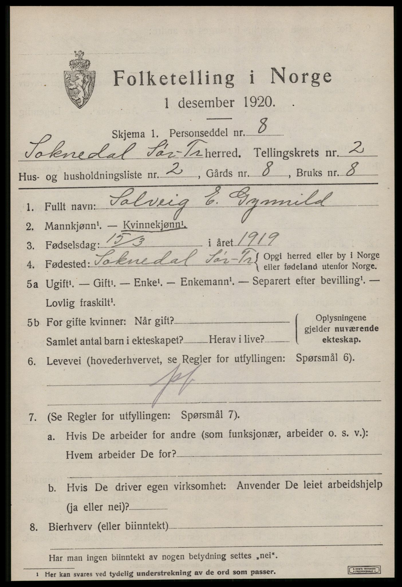 SAT, 1920 census for Soknedal, 1920, p. 1244