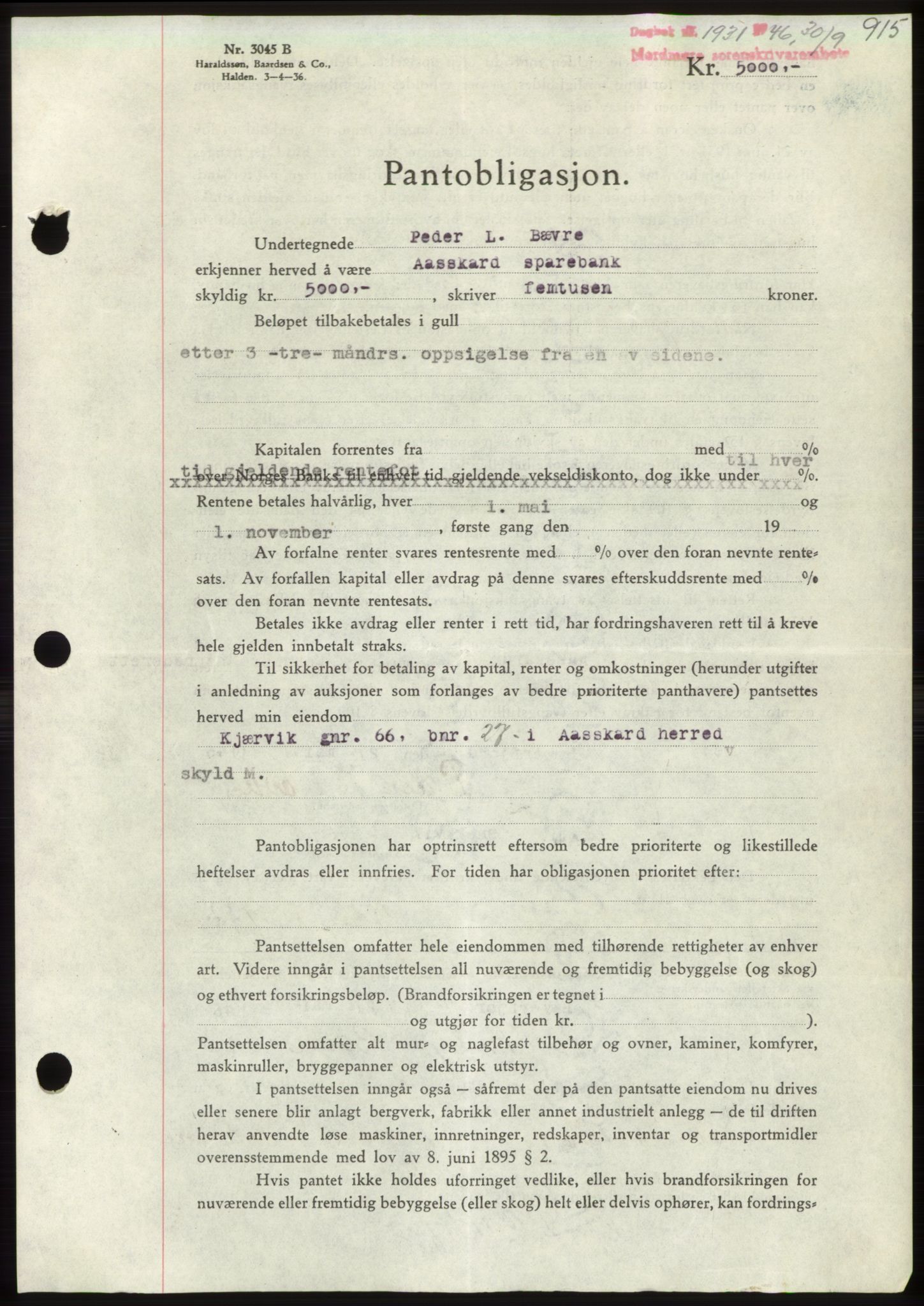 Nordmøre sorenskriveri, AV/SAT-A-4132/1/2/2Ca: Mortgage book no. B94, 1946-1946, Diary no: : 1931/1946