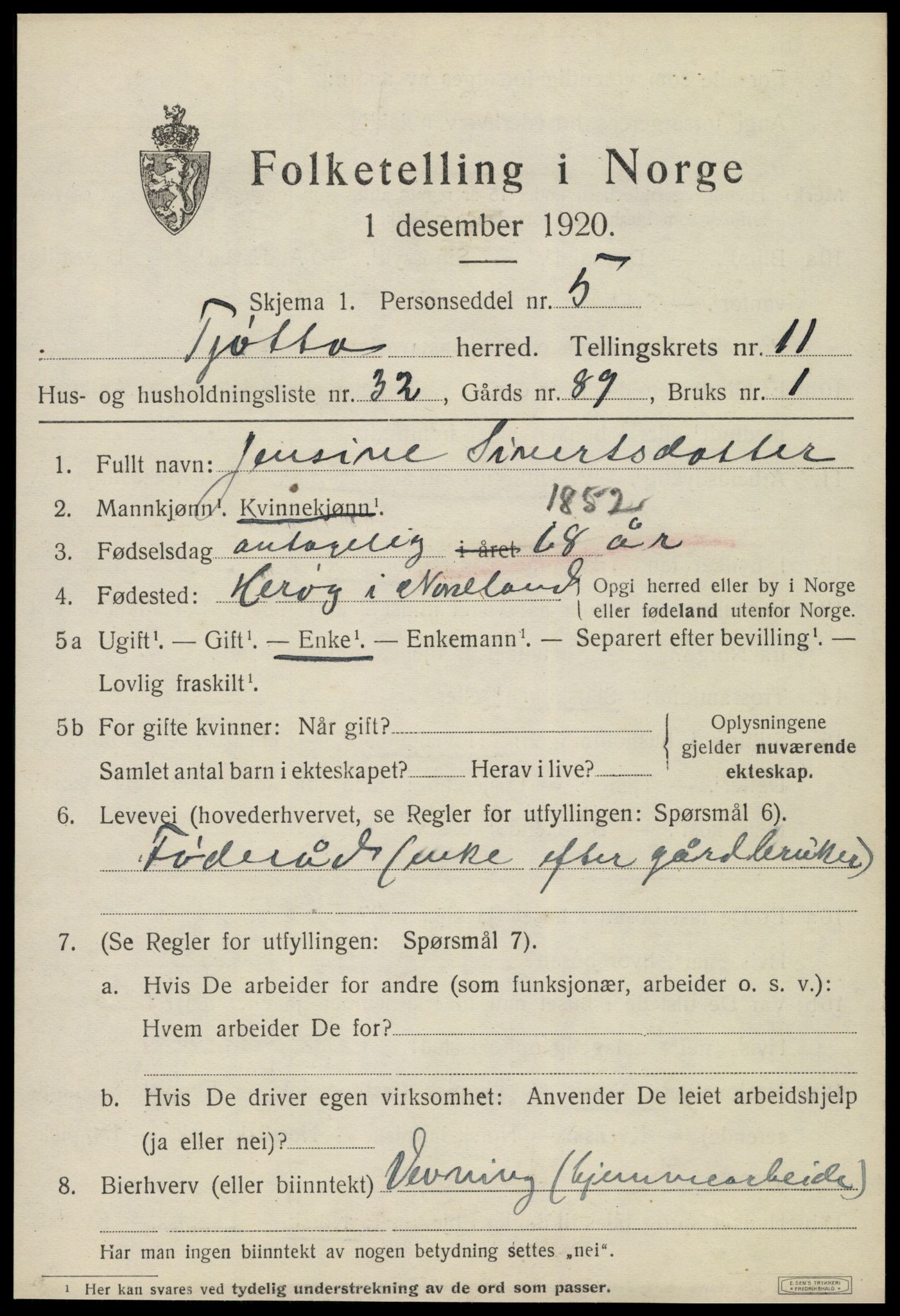 SAT, 1920 census for Tjøtta, 1920, p. 4695