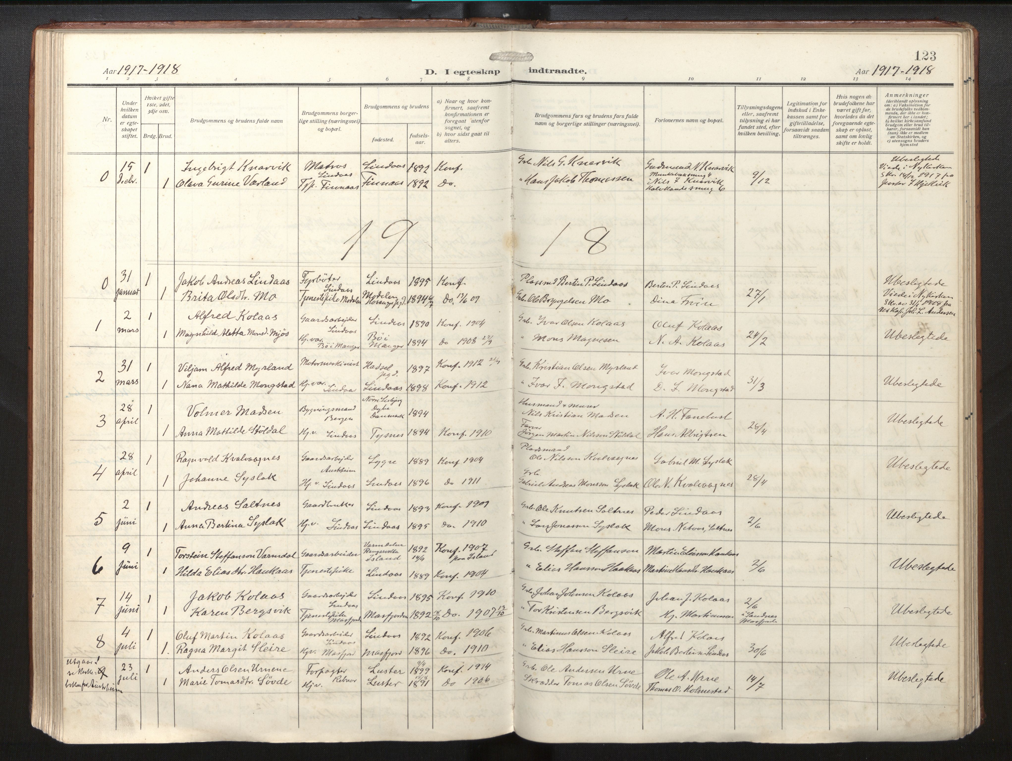 Lindås Sokneprestembete, AV/SAB-A-76701/H/Haa/Haab/L0003: Parish register (official) no. B 3, 1912-1929, p. 123