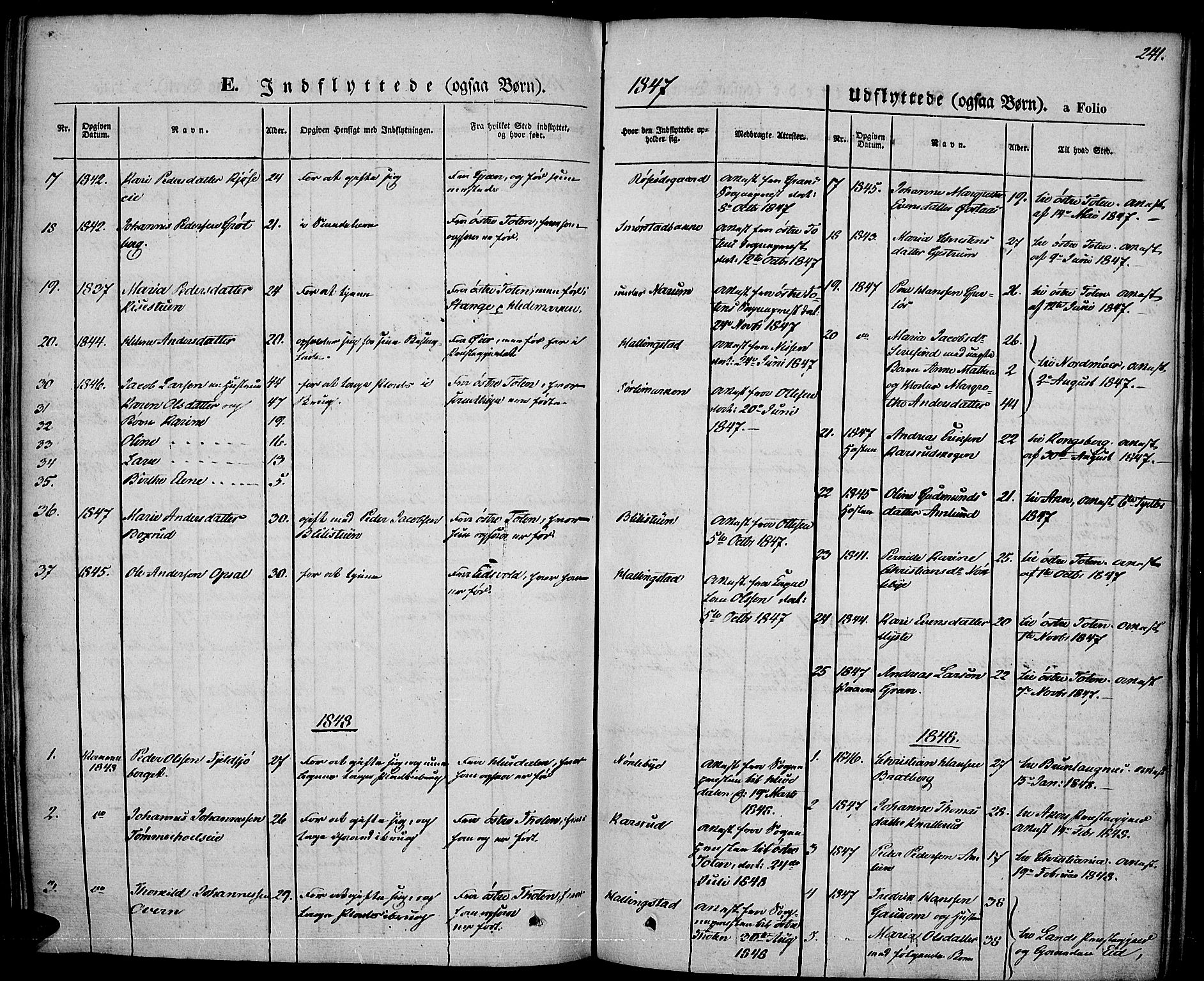 Vestre Toten prestekontor, SAH/PREST-108/H/Ha/Haa/L0004: Parish register (official) no. 4, 1844-1849, p. 241