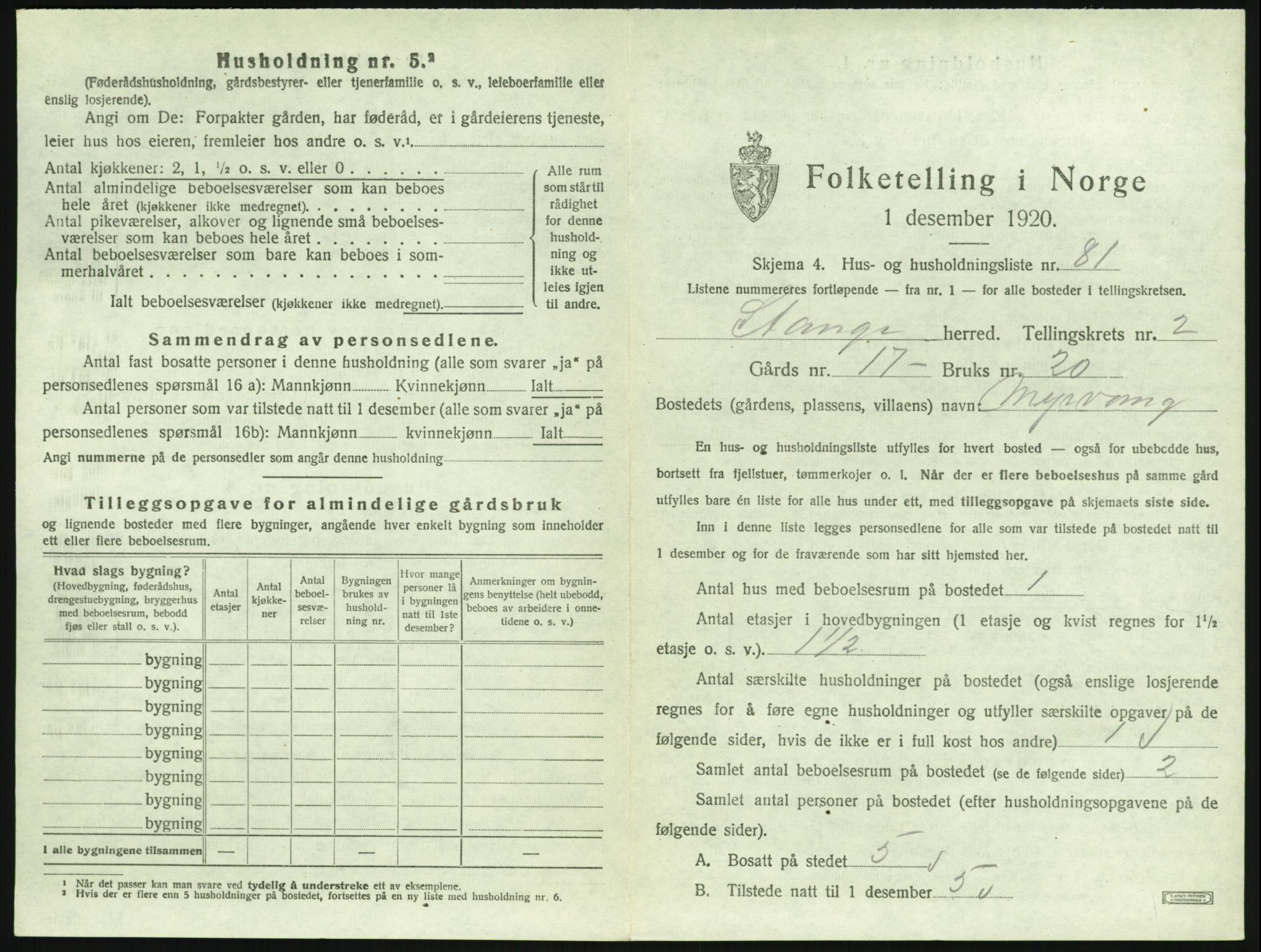 SAH, 1920 census for Stange, 1920, p. 415