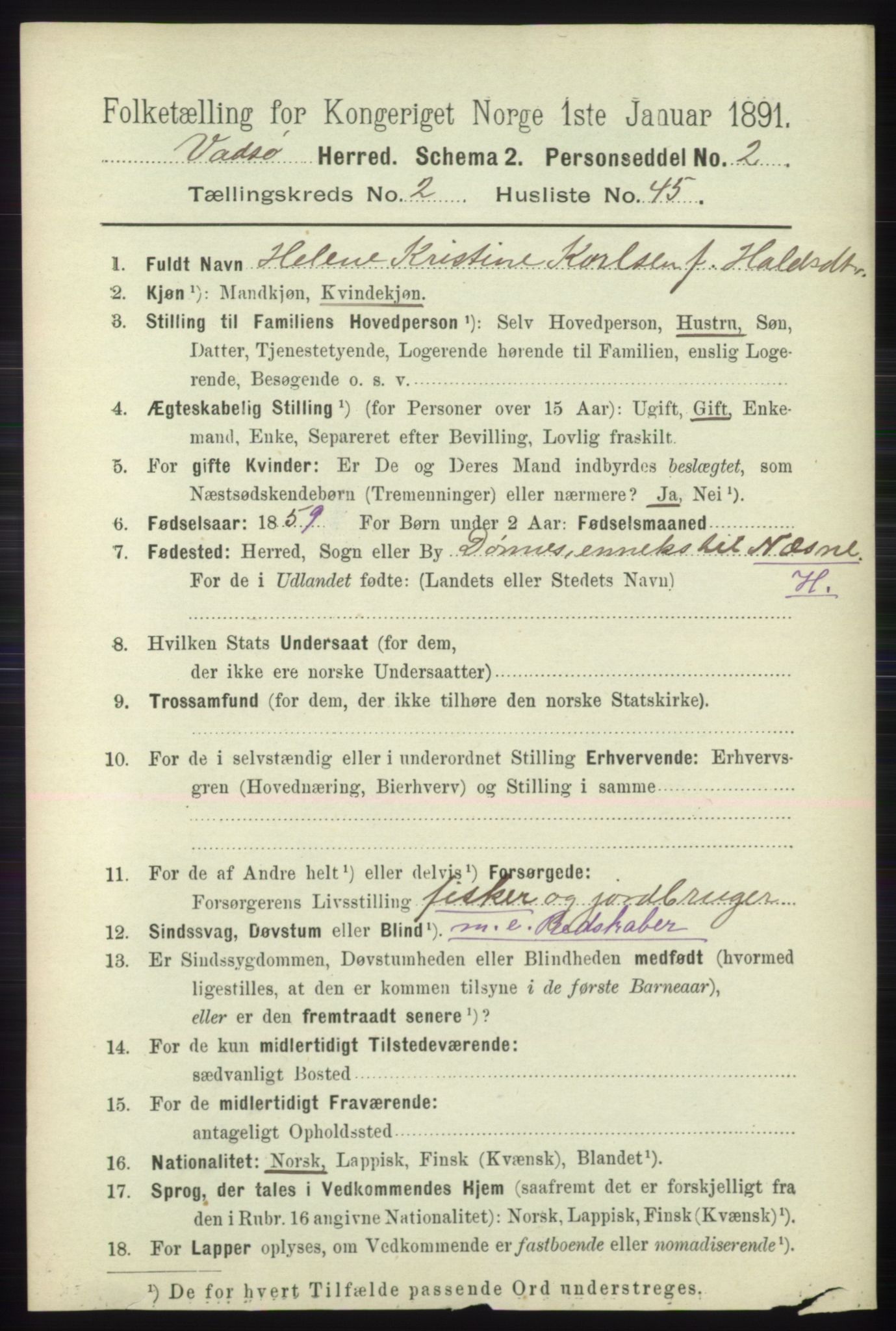 RA, 1891 census for 2029 Vadsø, 1891, p. 743