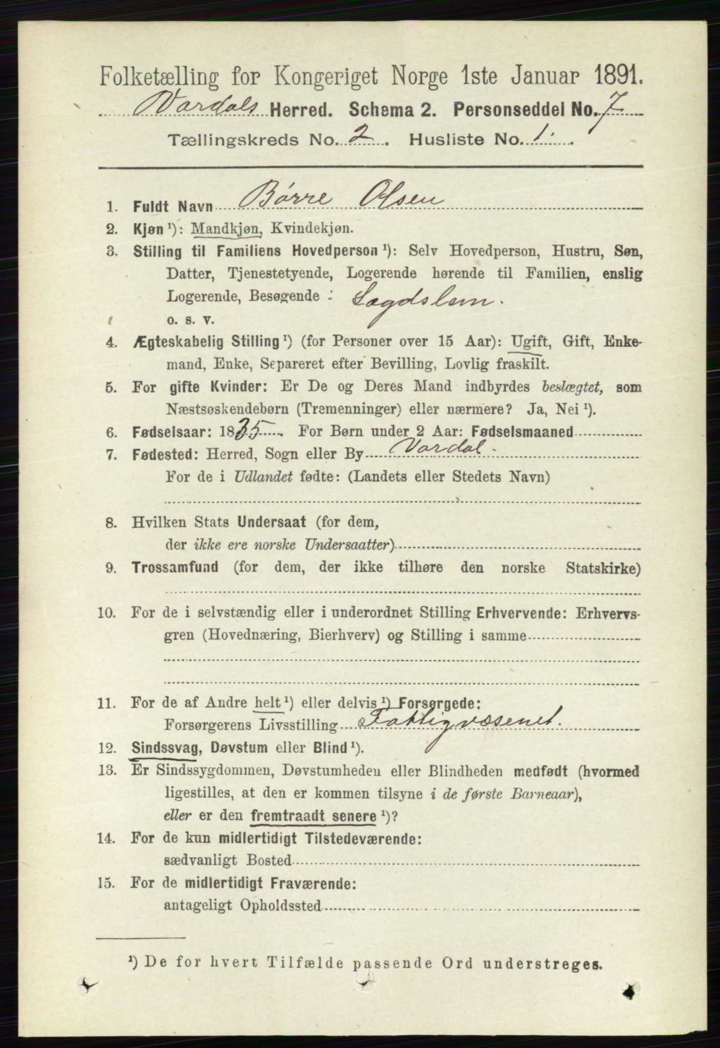 RA, 1891 census for 0527 Vardal, 1891, p. 530