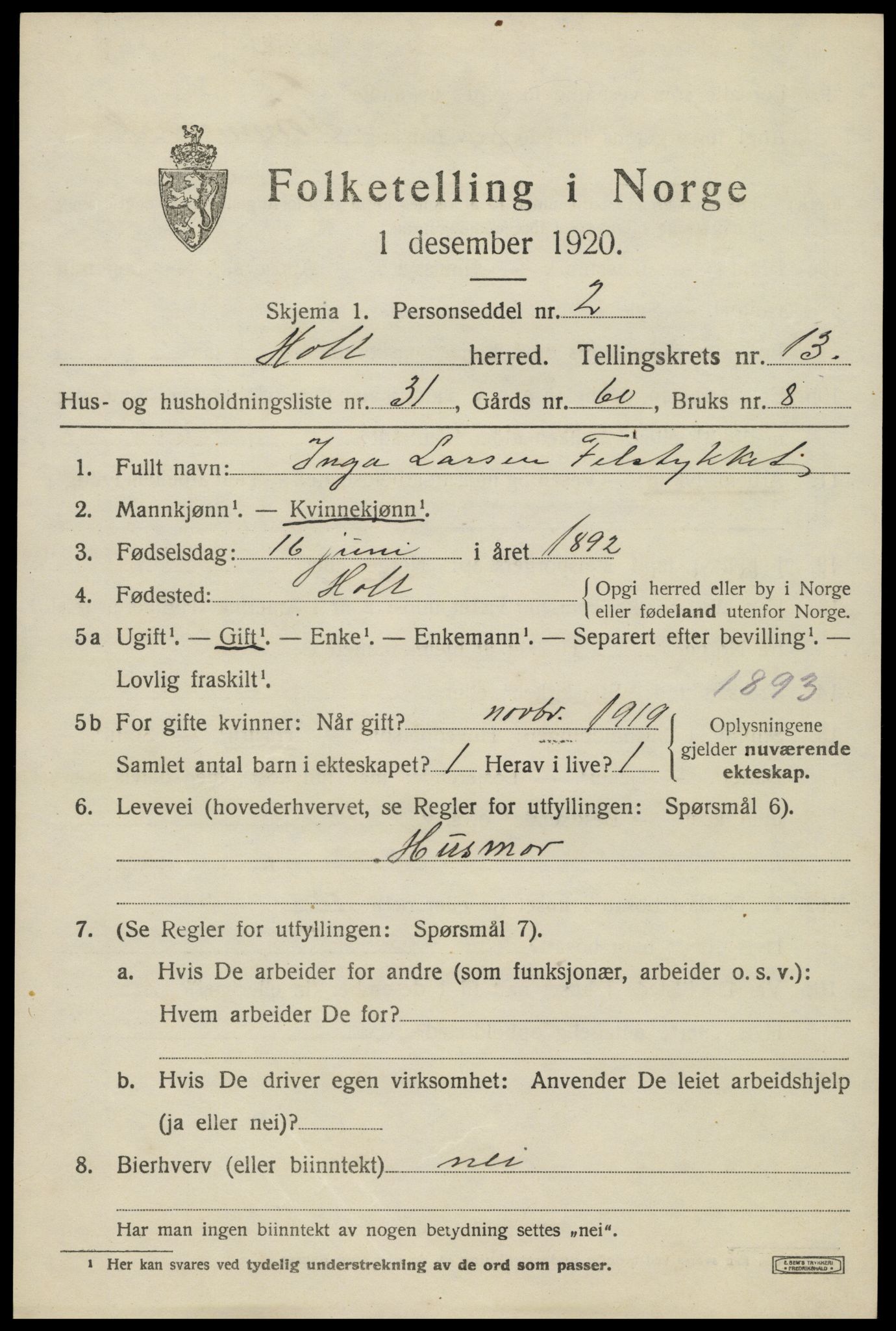 SAK, 1920 census for Holt, 1920, p. 7956