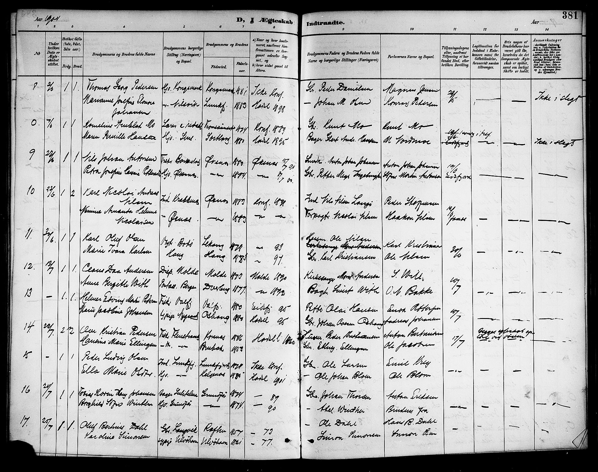 Ministerialprotokoller, klokkerbøker og fødselsregistre - Nordland, AV/SAT-A-1459/888/L1268: Parish register (copy) no. 888C06, 1891-1908, p. 381