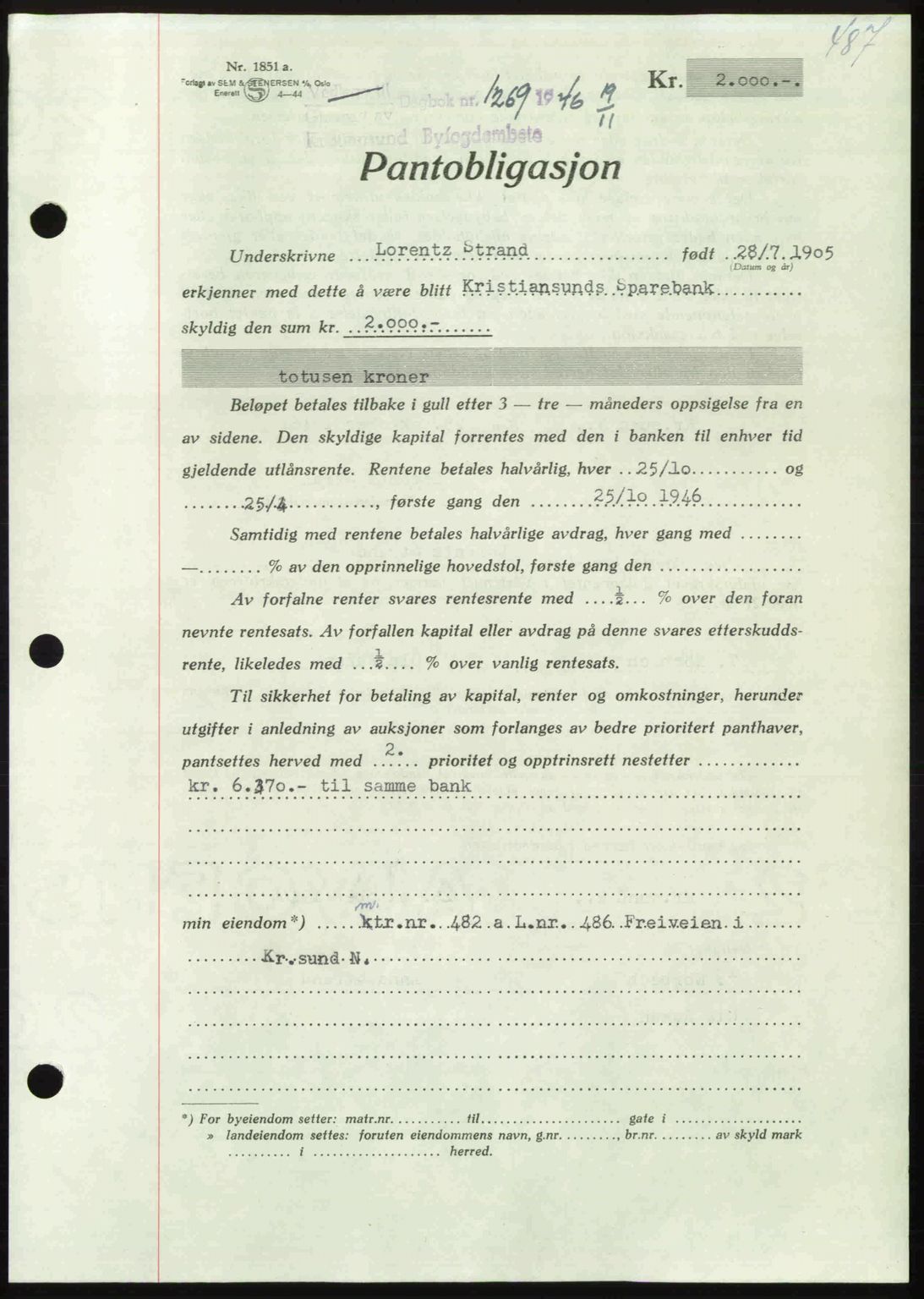 Kristiansund byfogd, AV/SAT-A-4587/A/27: Mortgage book no. 40, 1946-1946, Diary no: : 1269/1946