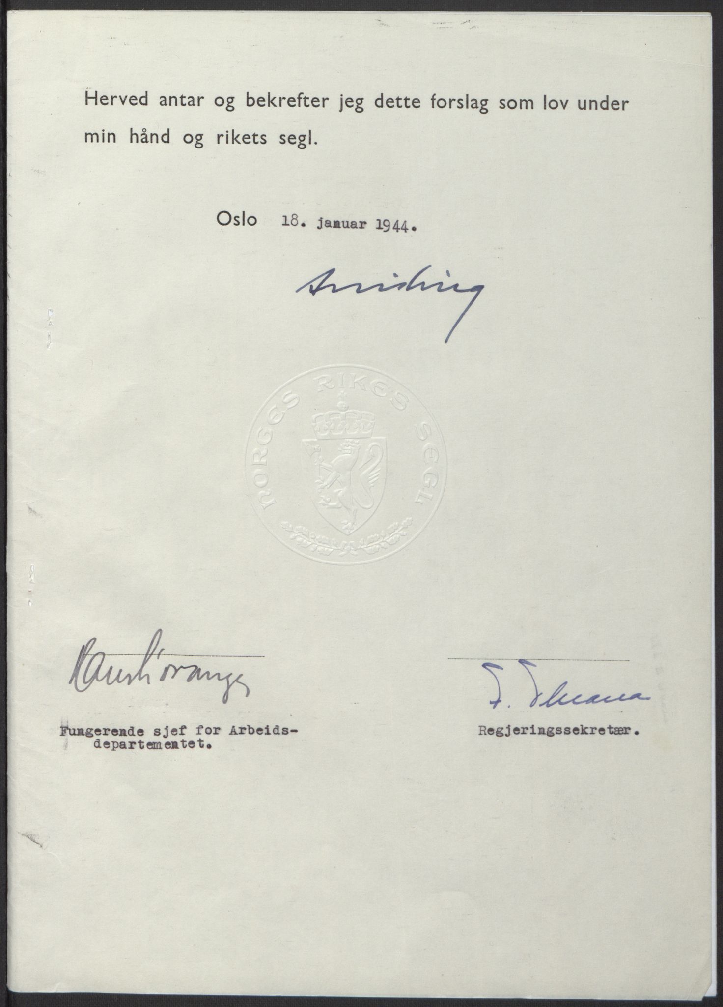 NS-administrasjonen 1940-1945 (Statsrådsekretariatet, de kommisariske statsråder mm), AV/RA-S-4279/D/Db/L0100: Lover, 1944, p. 37