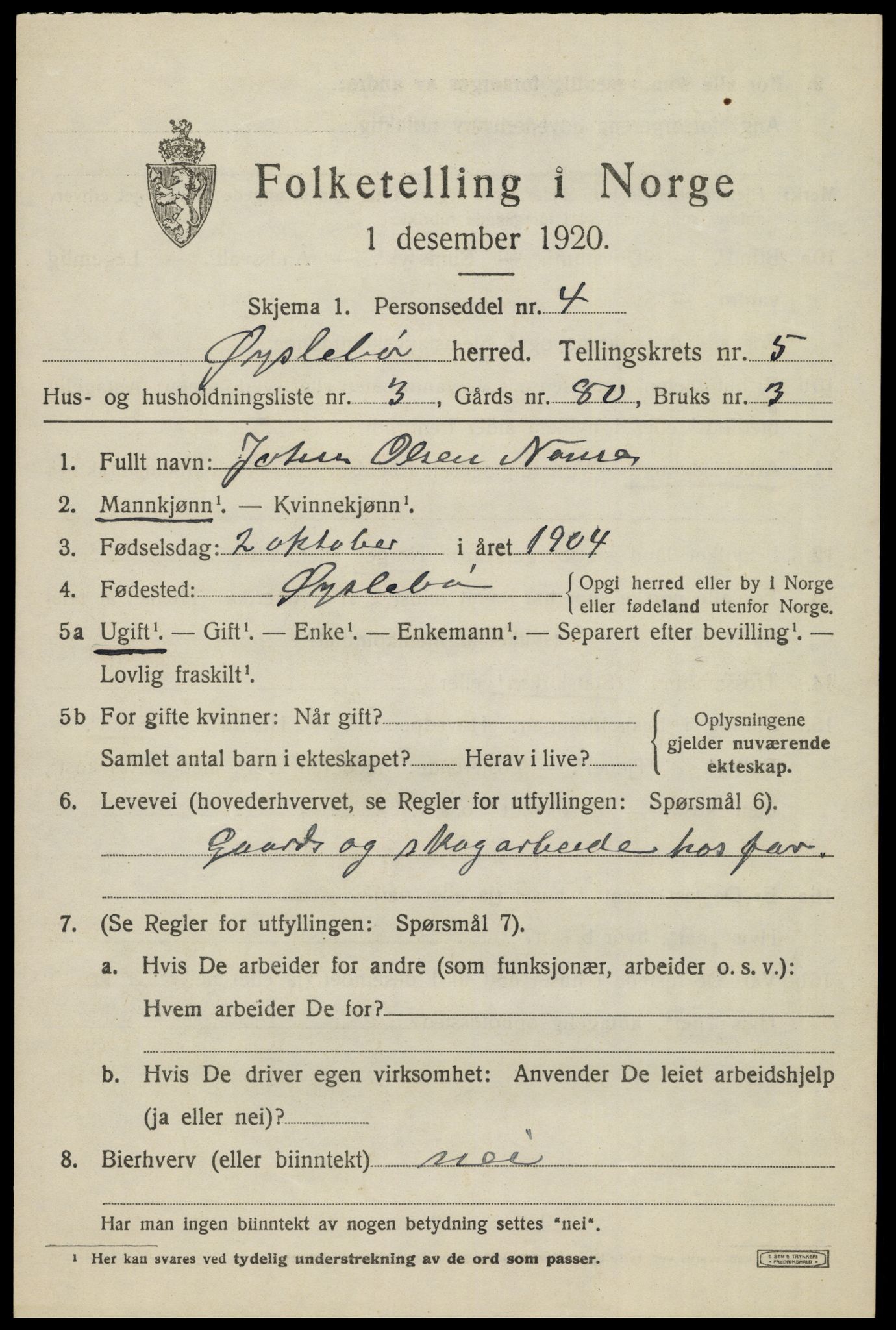 SAK, 1920 census for Øyslebø, 1920, p. 1310