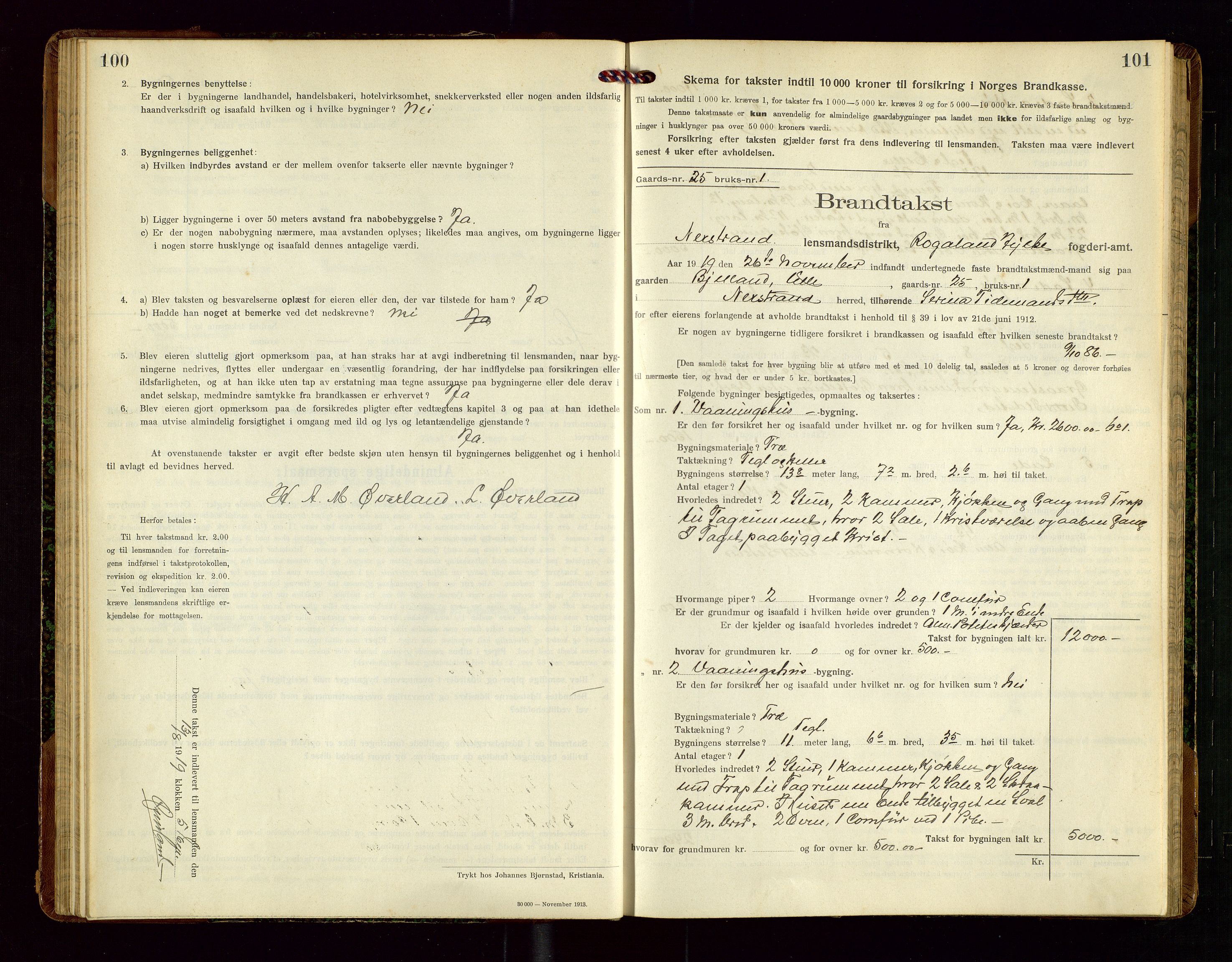 Nedstrand lensmannskontor, SAST/A-100236/Gob/L0002: "Brandtakstprotokol for Nerstrand lensmandsdistrikt Rogaland Fylke", 1916-1949, p. 100-101